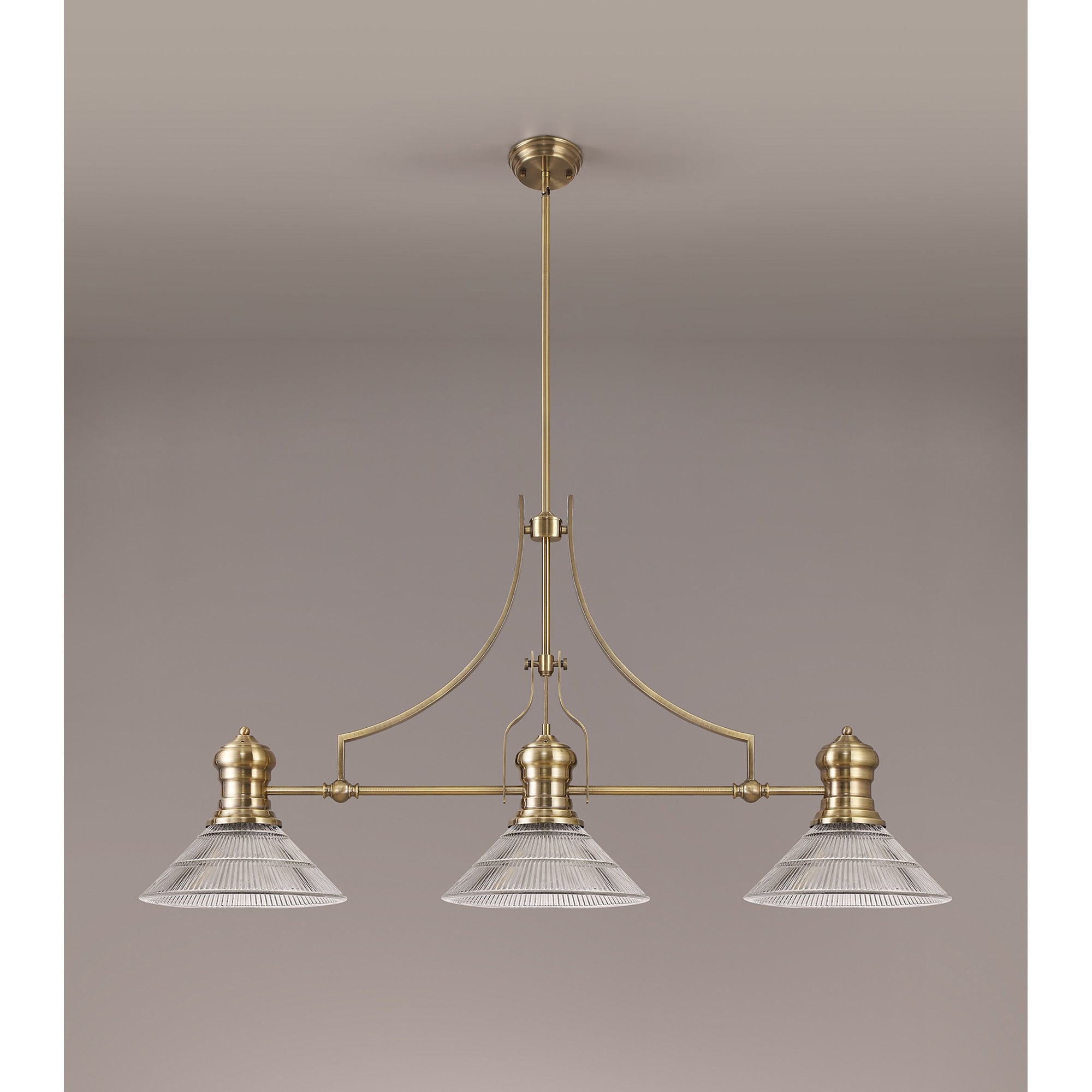 NLK03569 Louis 3 Light Telescopic Pendant With 30cm Cone Glass Shade Antique Brass/Clear
