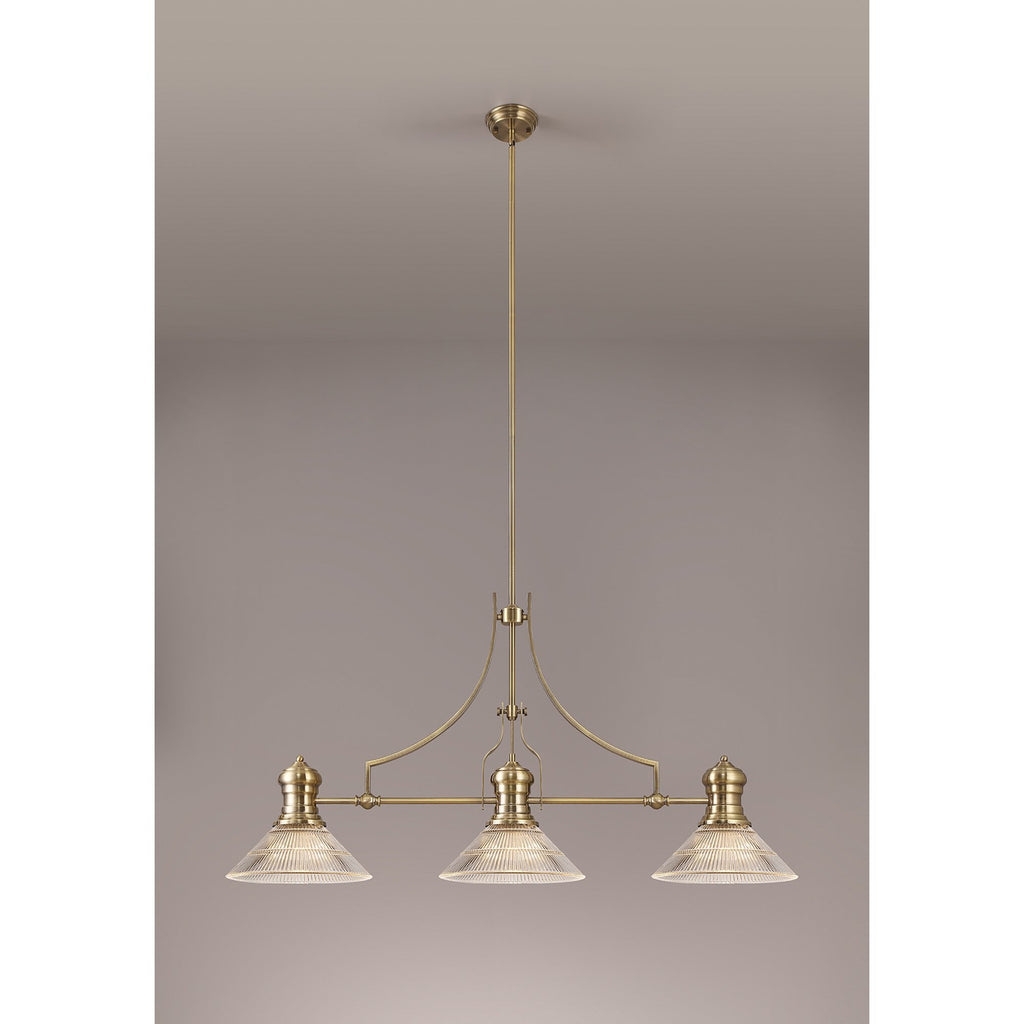 NLK03569 Louis 3 Light Telescopic Pendant With 30cm Cone Glass Shade Antique Brass/Clear