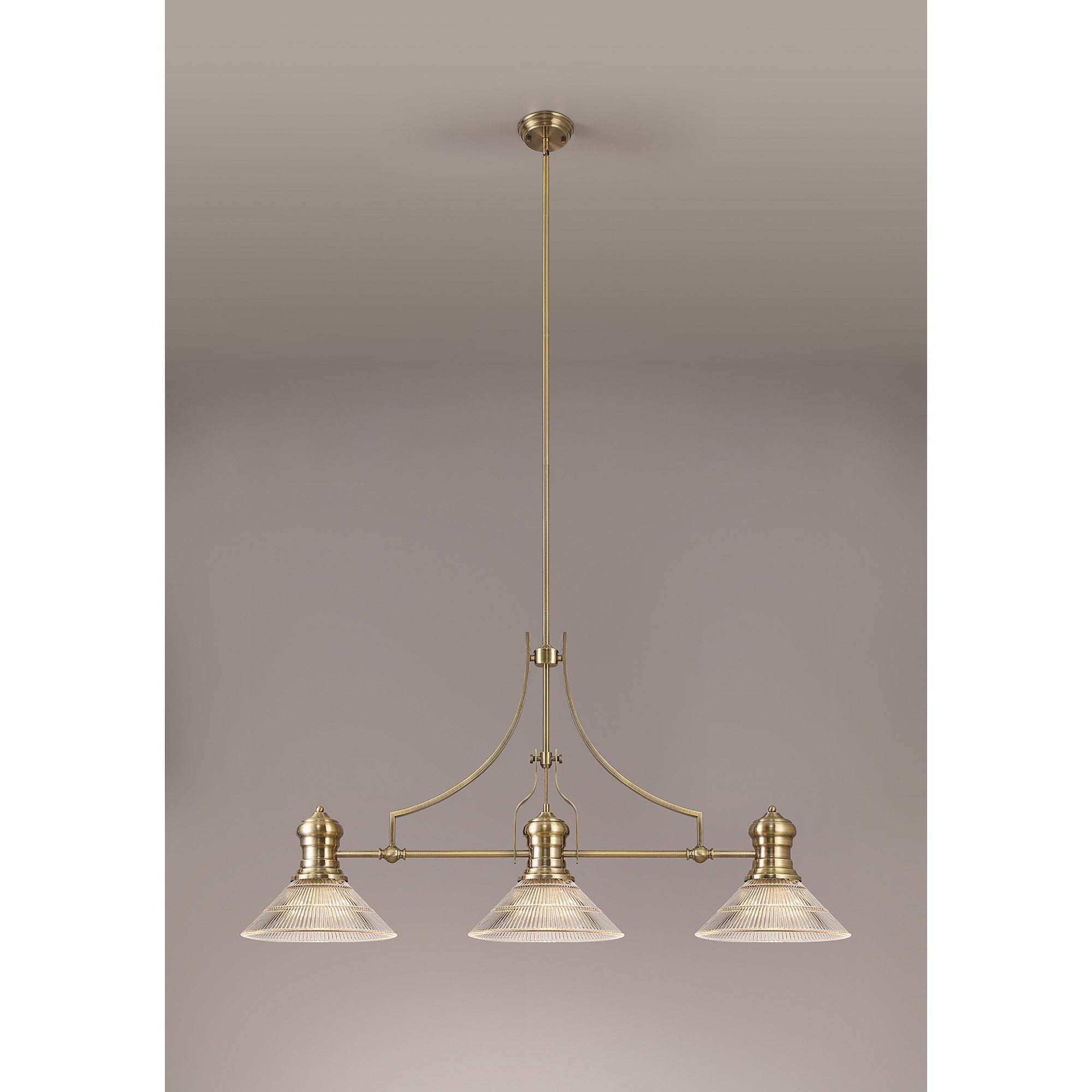 NLK03569 Louis 3 Light Telescopic Pendant With 30cm Cone Glass Shade Antique Brass/Clear