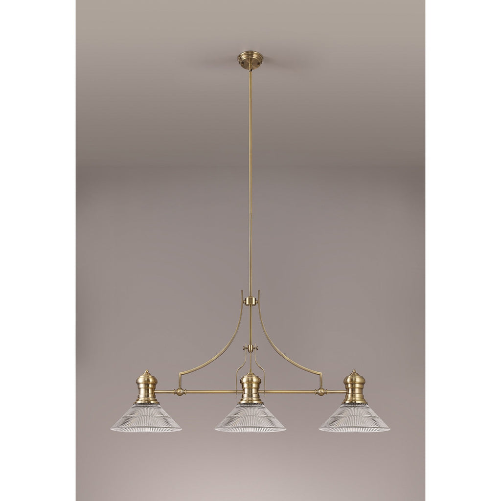 NLK03569 Louis 3 Light Telescopic Pendant With 30cm Cone Glass Shade Antique Brass/Clear