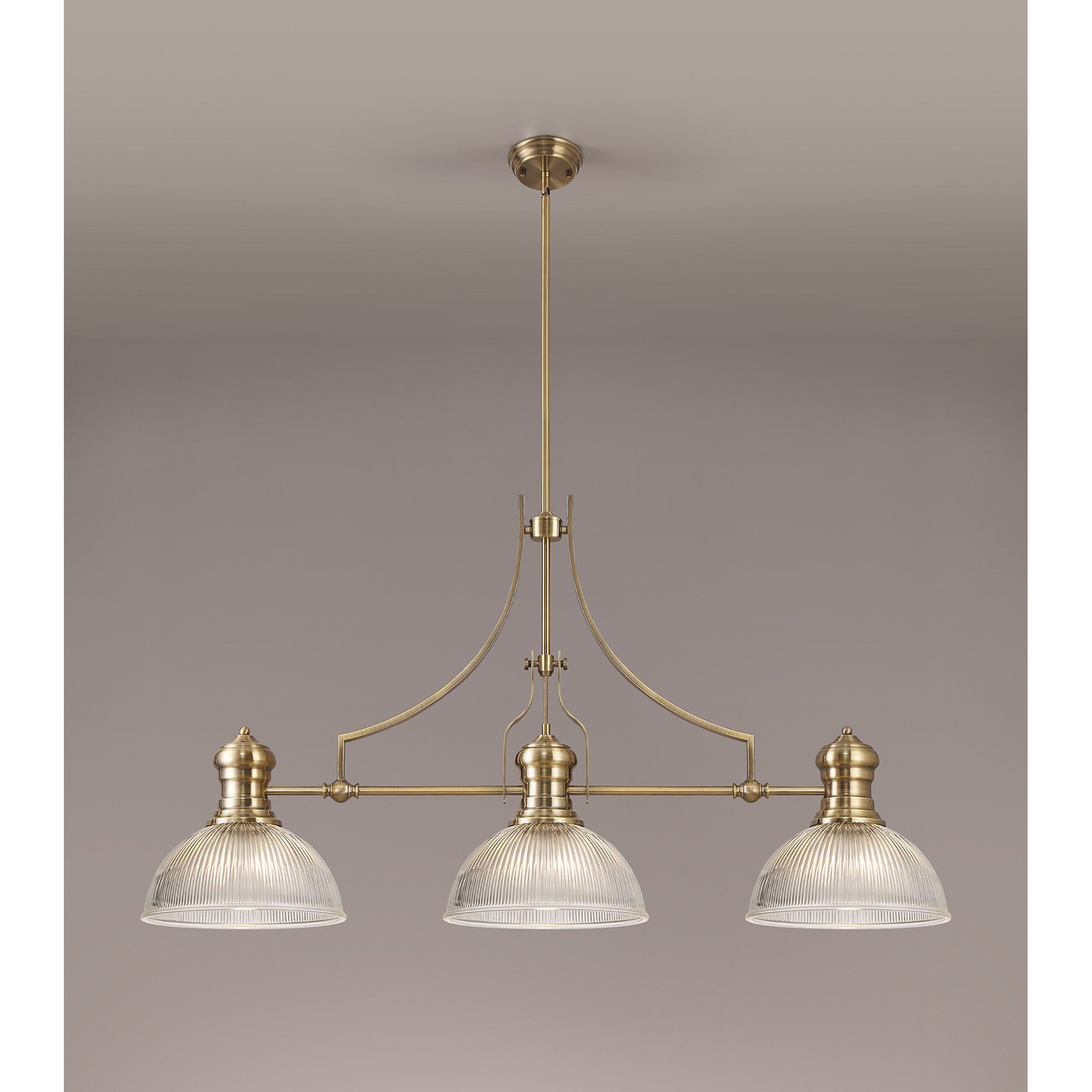 NLK03579 Louis 3 Light Telescopic Pendant With 30cm Dome Glass Shade Antique Brass/Clear