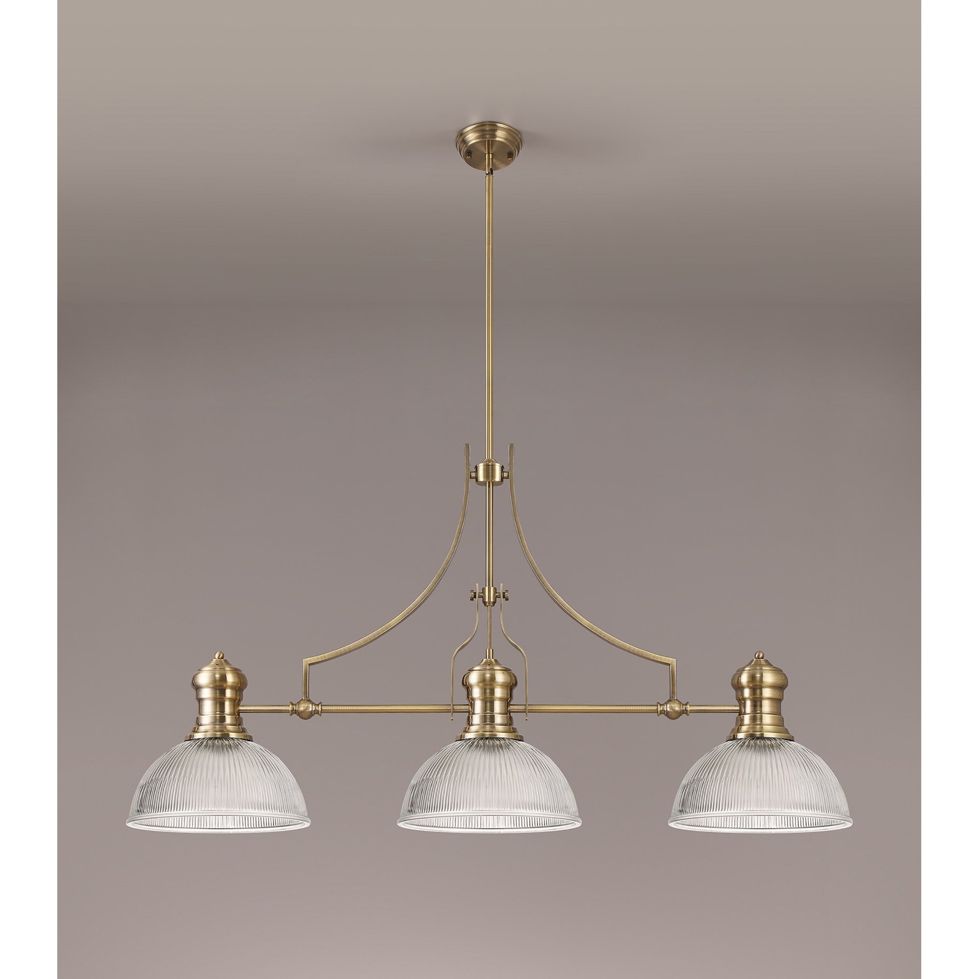 NLK03579 Louis 3 Light Telescopic Pendant With 30cm Dome Glass Shade Antique Brass/Clear