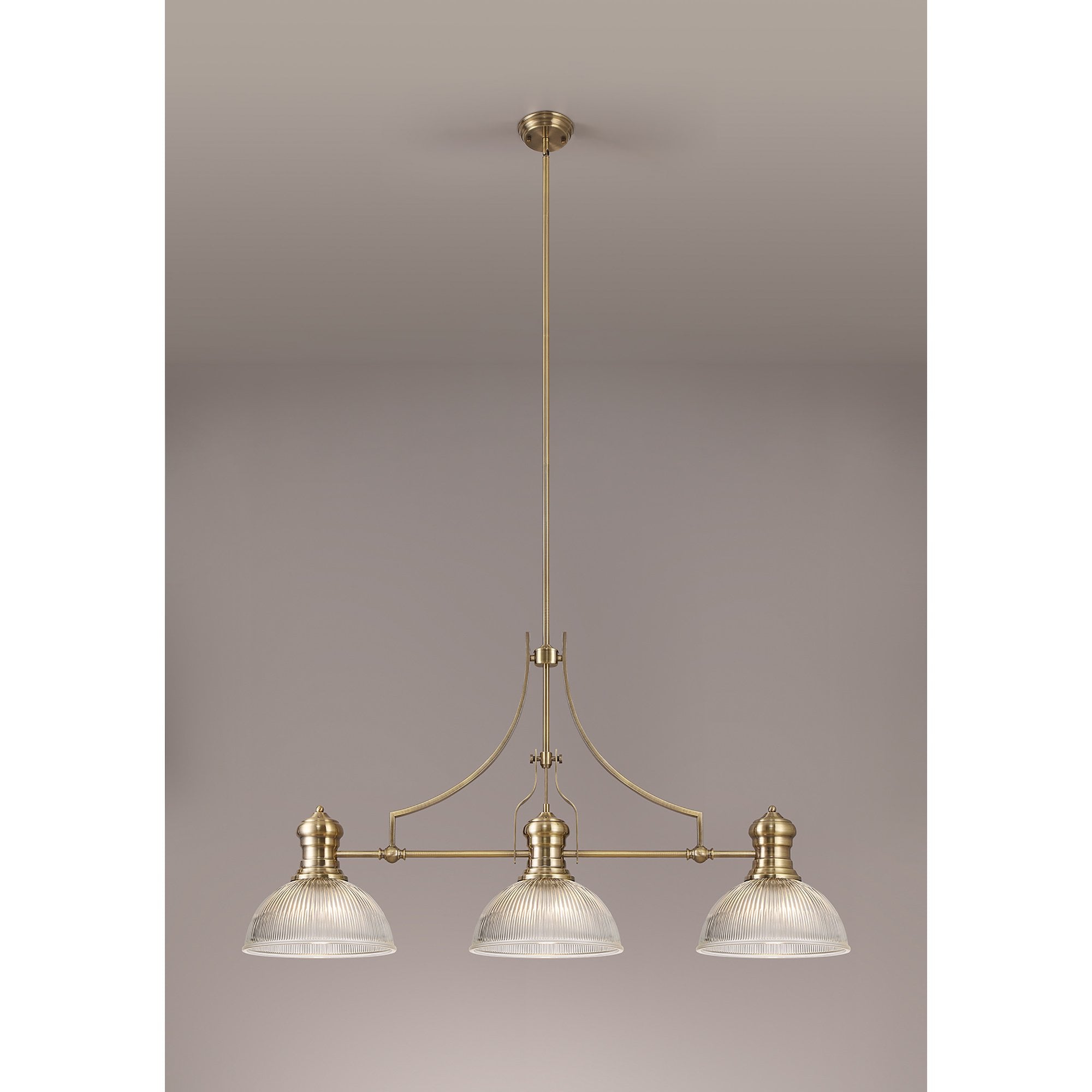NLK03579 Louis 3 Light Telescopic Pendant With 30cm Dome Glass Shade Antique Brass/Clear
