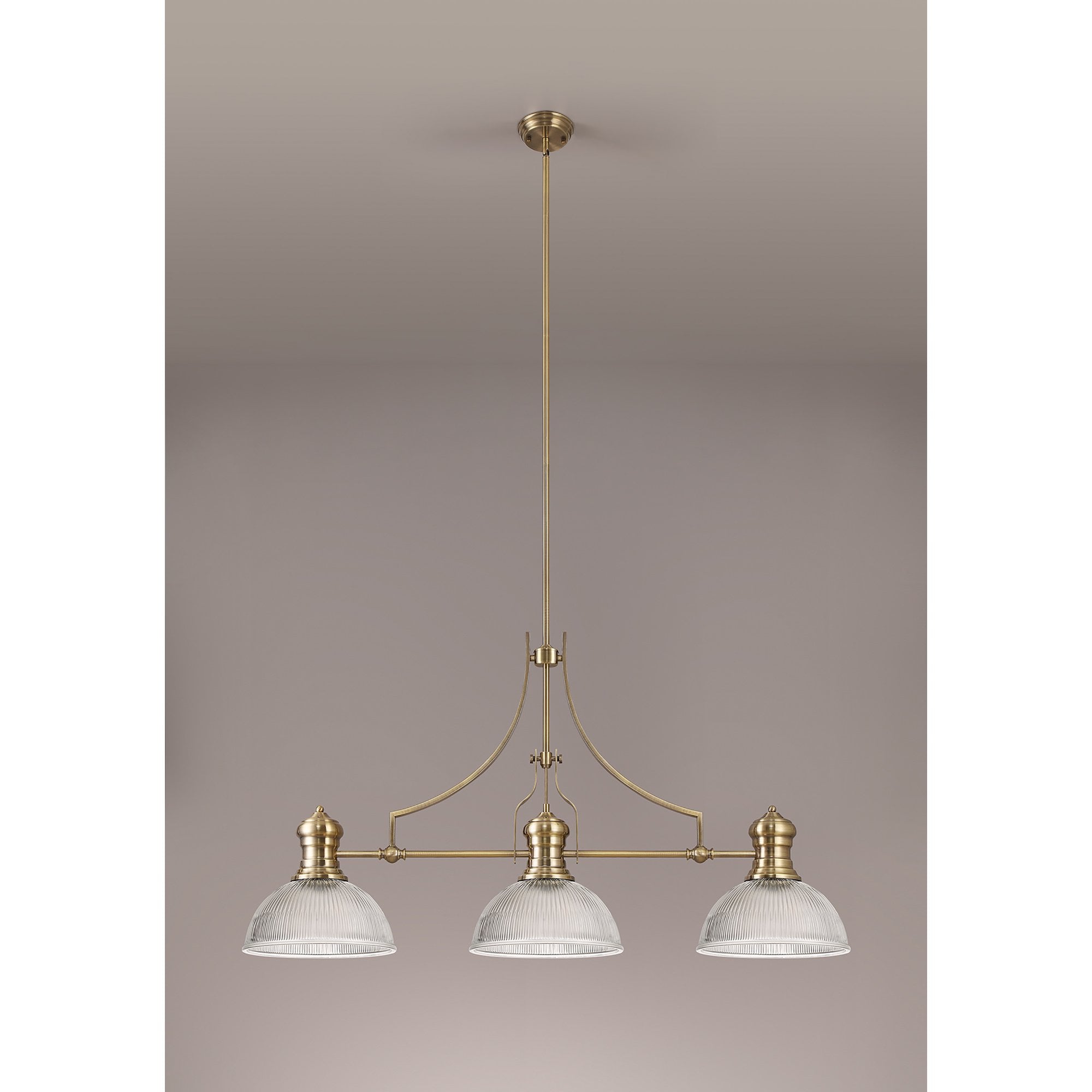 NLK03579 Louis 3 Light Telescopic Pendant With 30cm Dome Glass Shade Antique Brass/Clear