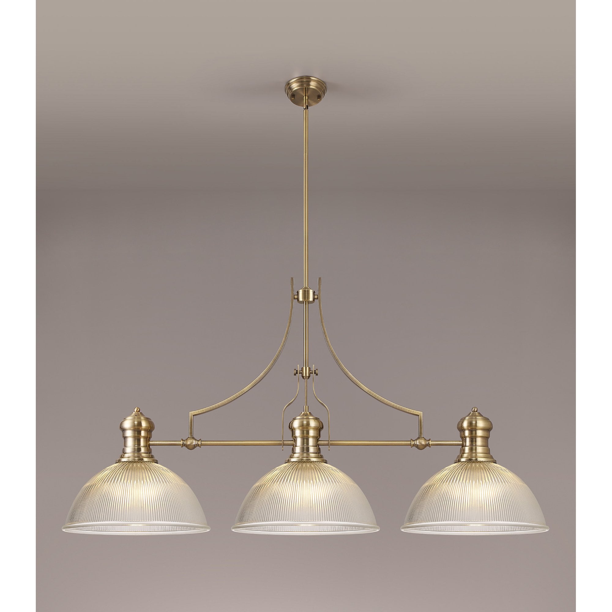 NLK03589 Louis 3 Light Telescopic Pendant With 38cm Dome Glass Shade Antique Brass/Clear