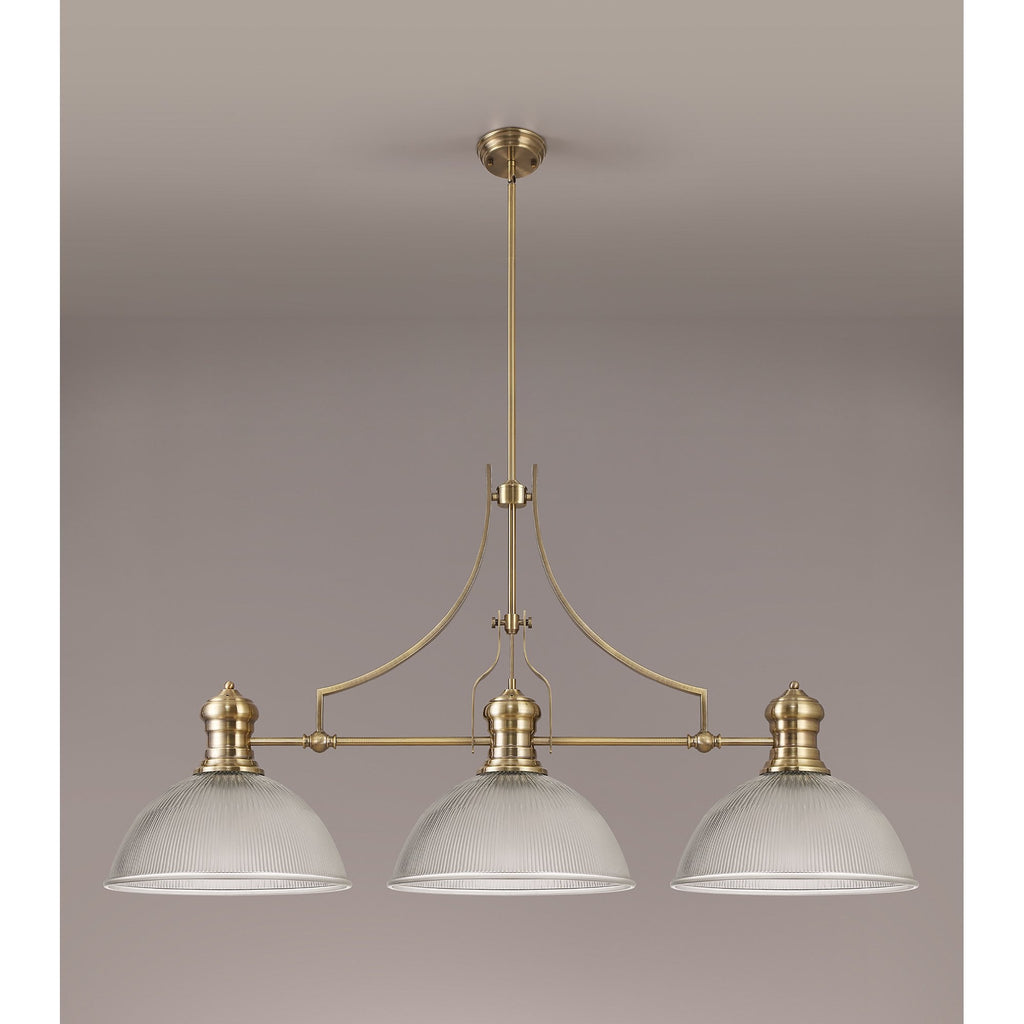 NLK03589 Louis 3 Light Telescopic Pendant With 38cm Dome Glass Shade Antique Brass/Clear