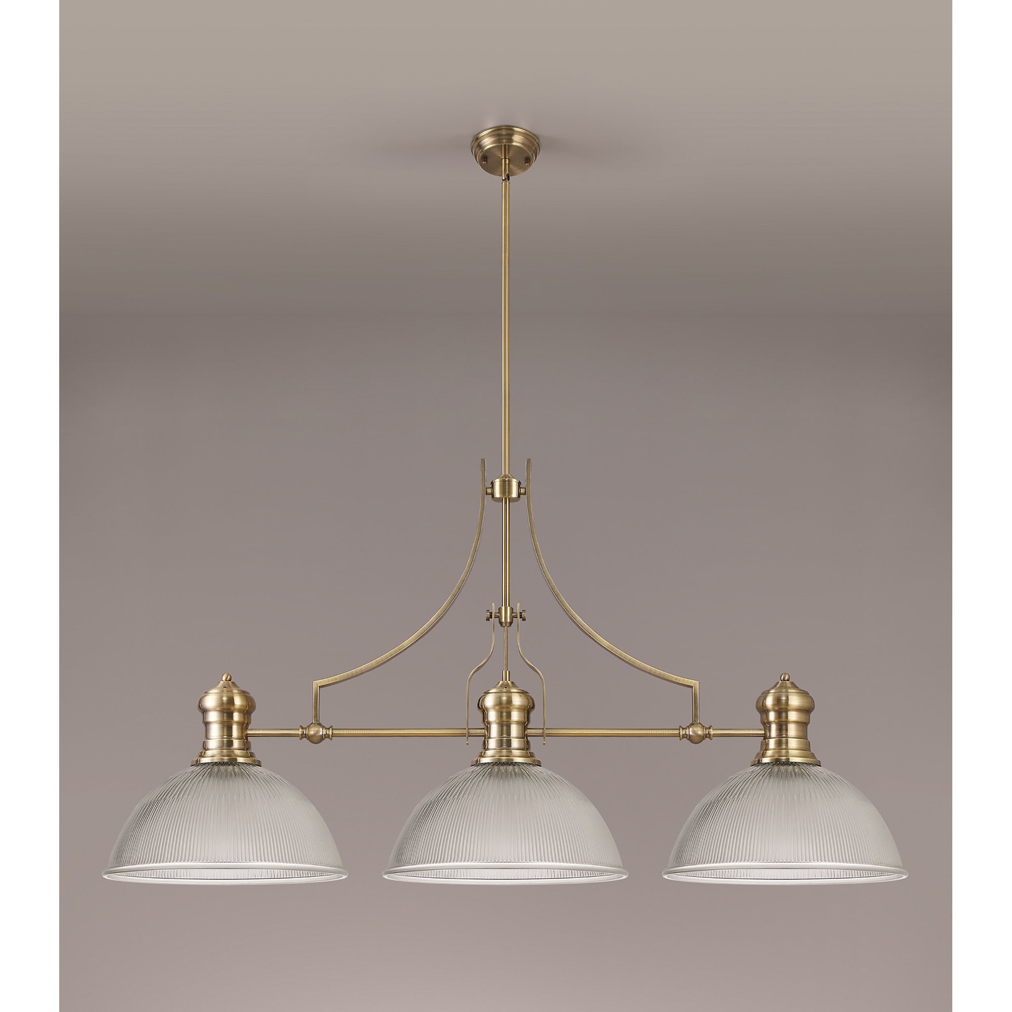 NLK03589 Louis 3 Light Telescopic Pendant With 38cm Dome Glass Shade Antique Brass/Clear