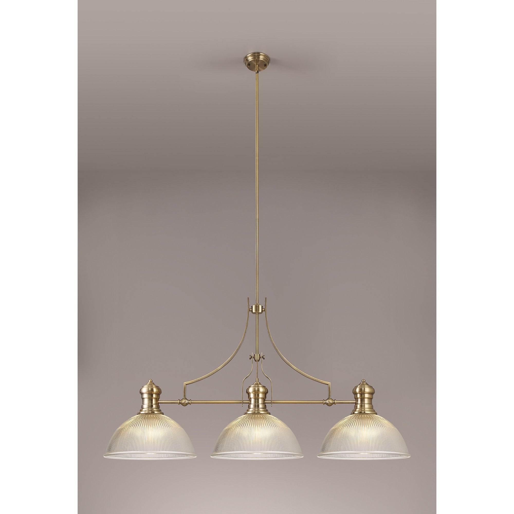 NLK03589 Louis 3 Light Telescopic Pendant With 38cm Dome Glass Shade Antique Brass/Clear