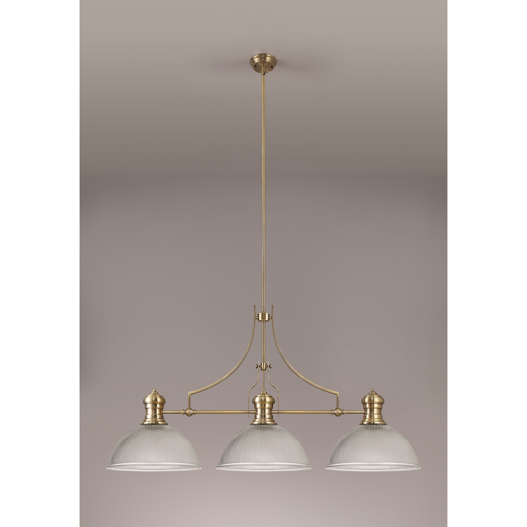 NLK03589 Louis 3 Light Telescopic Pendant With 38cm Dome Glass Shade Antique Brass/Clear
