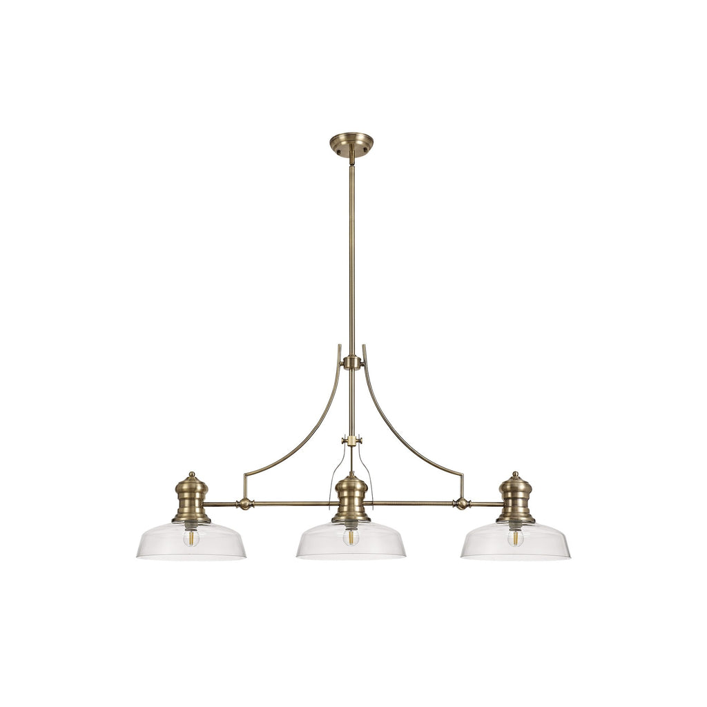 NLK03599 Louis 3 Light Telescopic Pendant With 30cm Flat Round Glass Shade Antique Brass/Clear