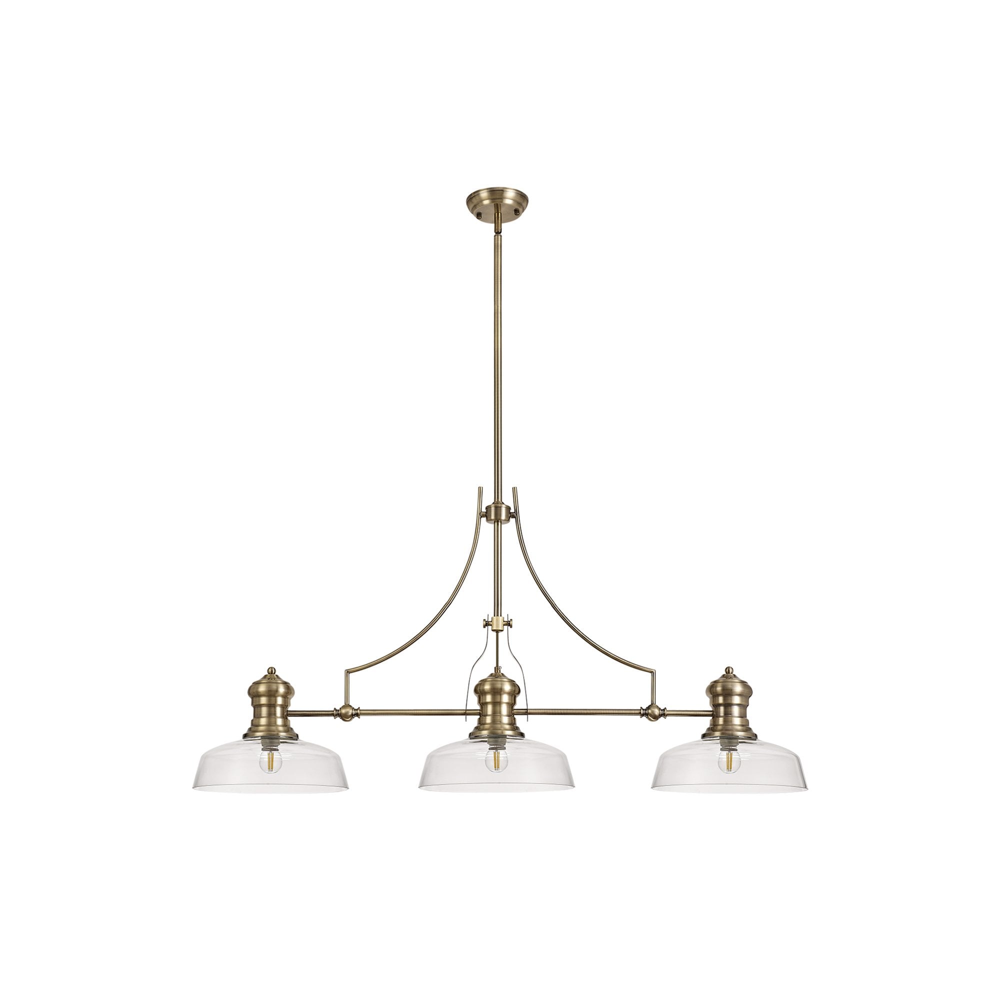 NLK03599 Louis 3 Light Telescopic Pendant With 30cm Flat Round Glass Shade Antique Brass/Clear