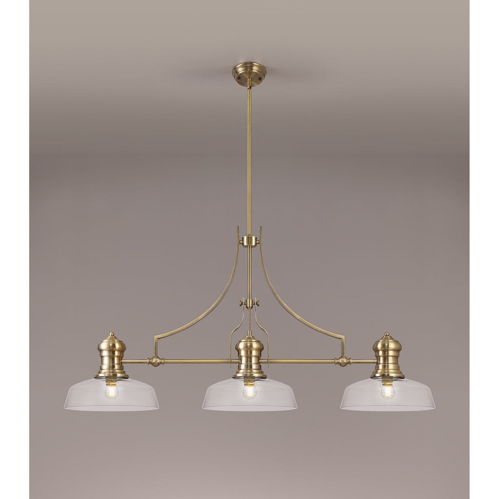 NLK03599 Louis 3 Light Telescopic Pendant With 30cm Flat Round Glass Shade Antique Brass/Clear