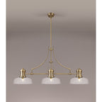 NLK03599 Louis 3 Light Telescopic Pendant With 30cm Flat Round Glass Shade Antique Brass/Clear