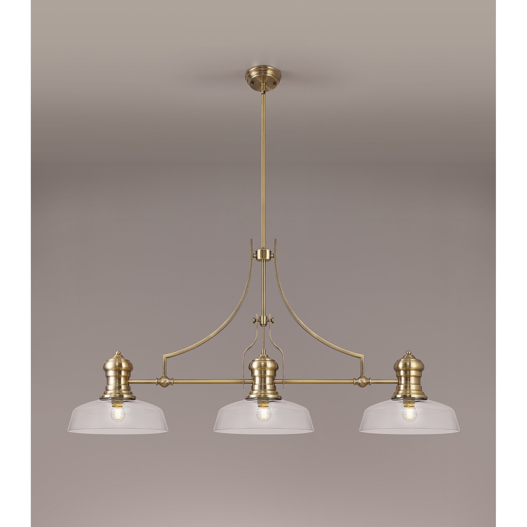 NLK03599 Louis 3 Light Telescopic Pendant With 30cm Flat Round Glass Shade Antique Brass/Clear