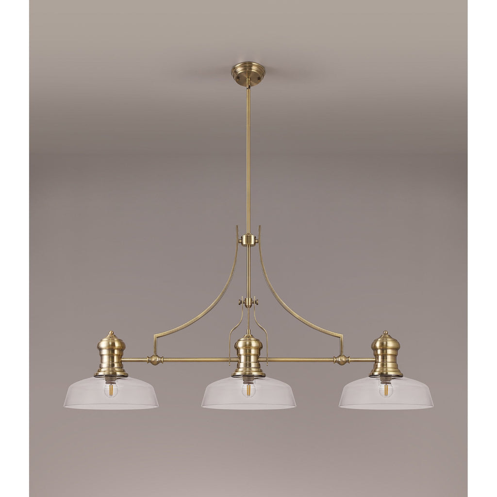 NLK03599 Louis 3 Light Telescopic Pendant With 30cm Flat Round Glass Shade Antique Brass/Clear