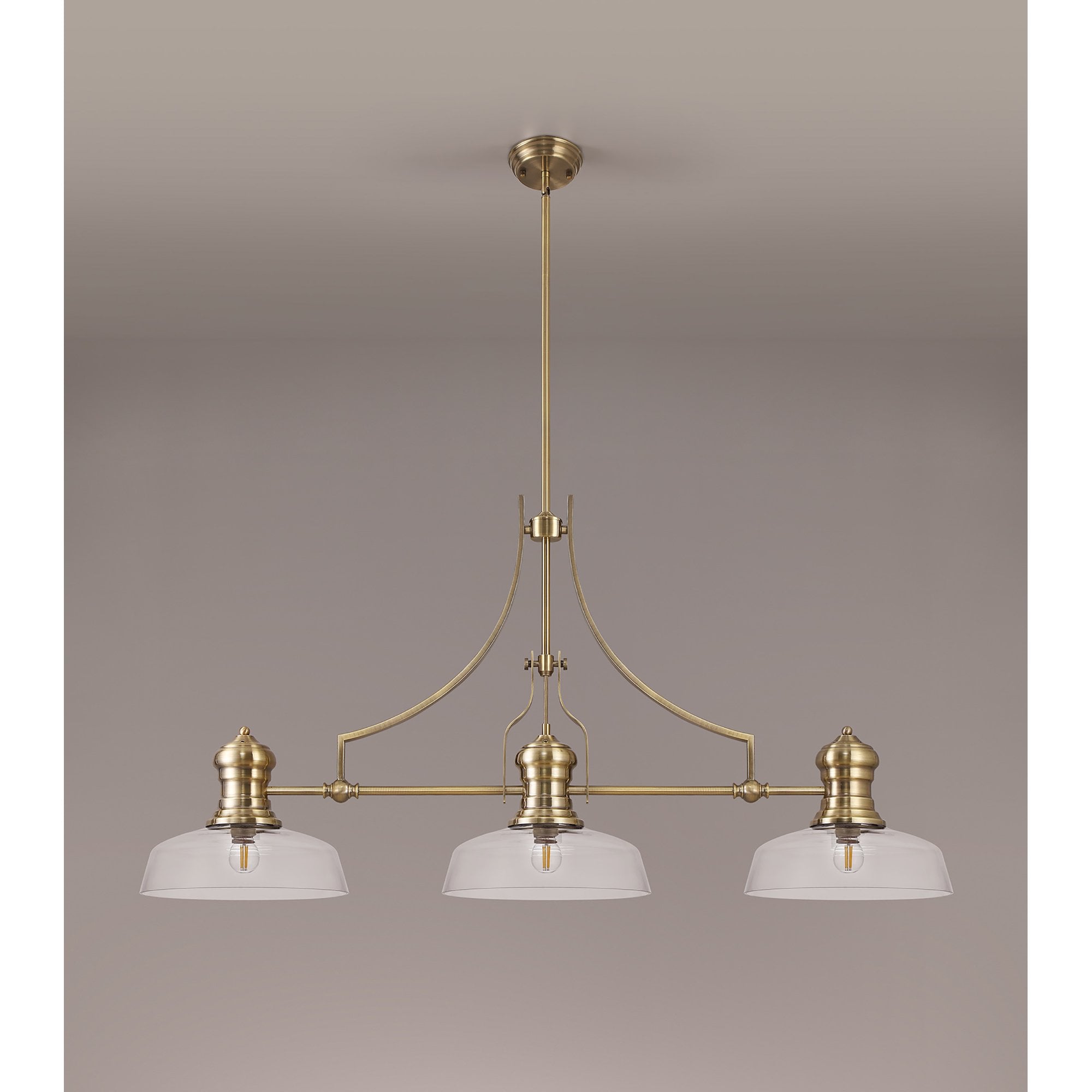 NLK03599 Louis 3 Light Telescopic Pendant With 30cm Flat Round Glass Shade Antique Brass/Clear