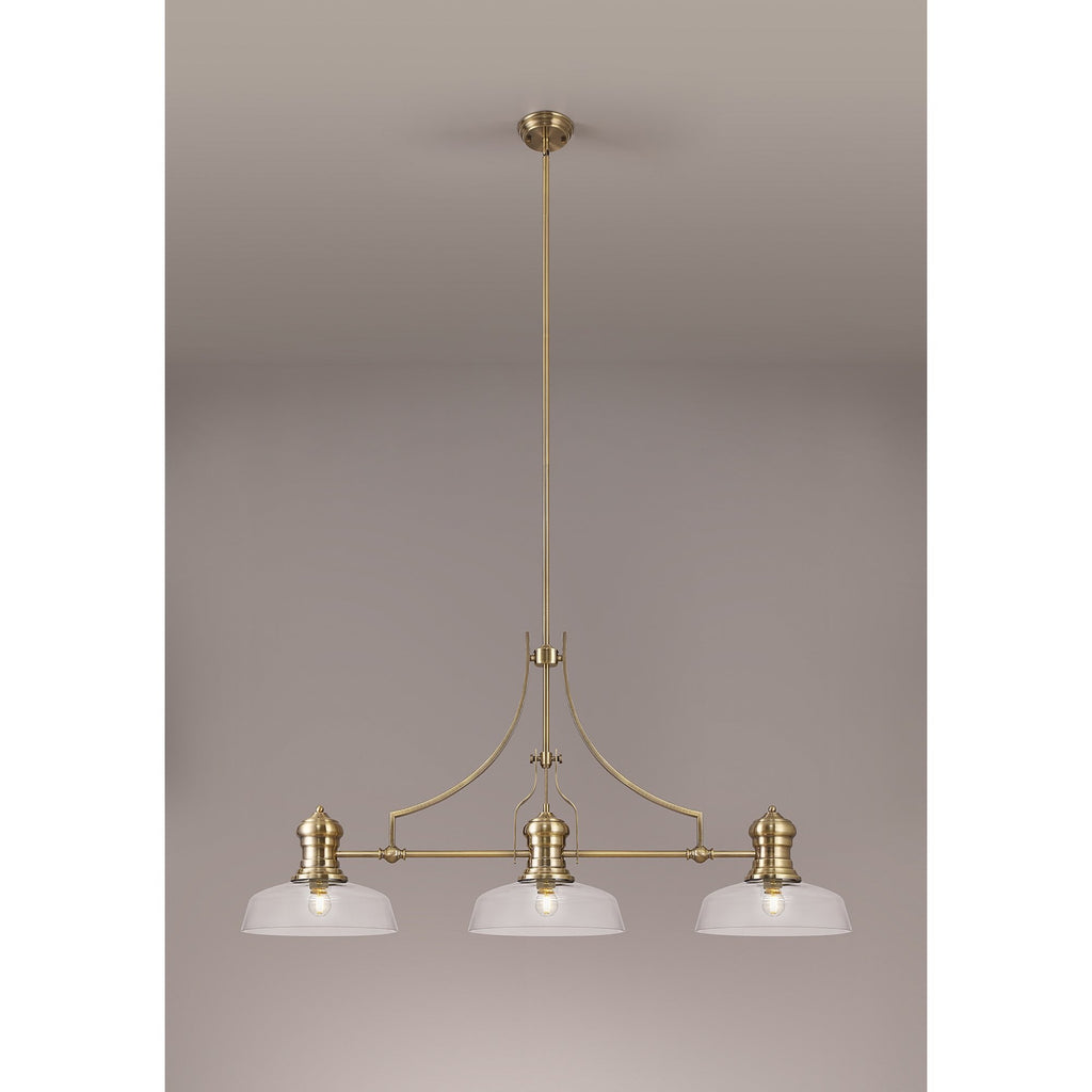 NLK03599 Louis 3 Light Telescopic Pendant With 30cm Flat Round Glass Shade Antique Brass/Clear