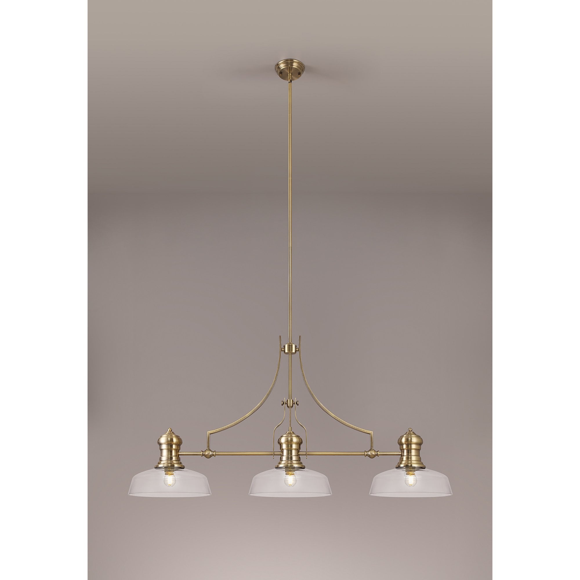 NLK03599 Louis 3 Light Telescopic Pendant With 30cm Flat Round Glass Shade Antique Brass/Clear