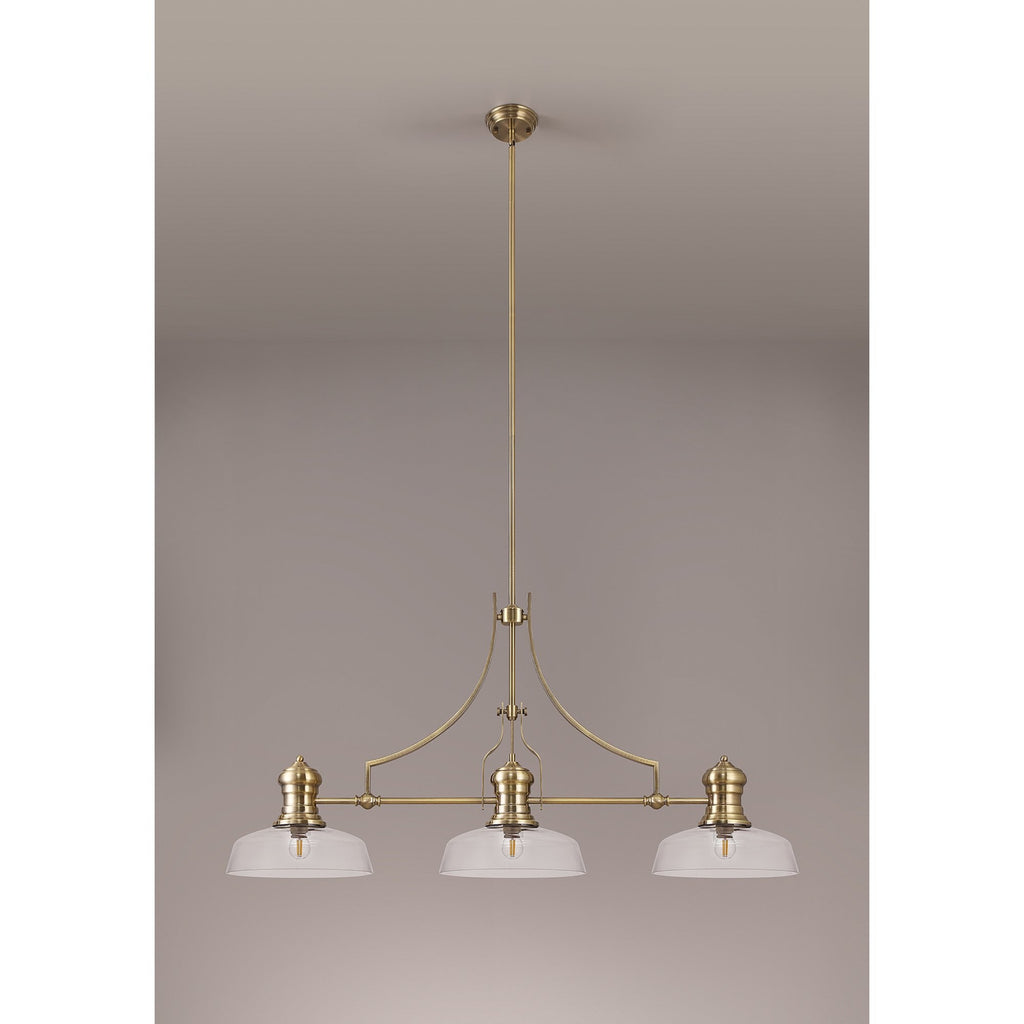NLK03599 Louis 3 Light Telescopic Pendant With 30cm Flat Round Glass Shade Antique Brass/Clear
