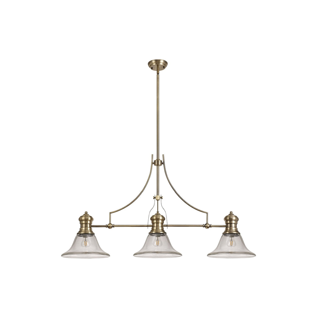 NLK03609 Louis 3 Light Telescopic Pendant With 30cm Smooth Bell Glass Shade Antique Brass/Clear