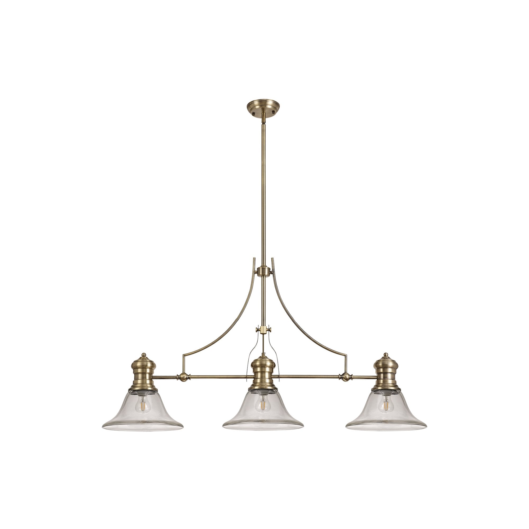 NLK03609 Louis 3 Light Telescopic Pendant With 30cm Smooth Bell Glass Shade Antique Brass/Clear