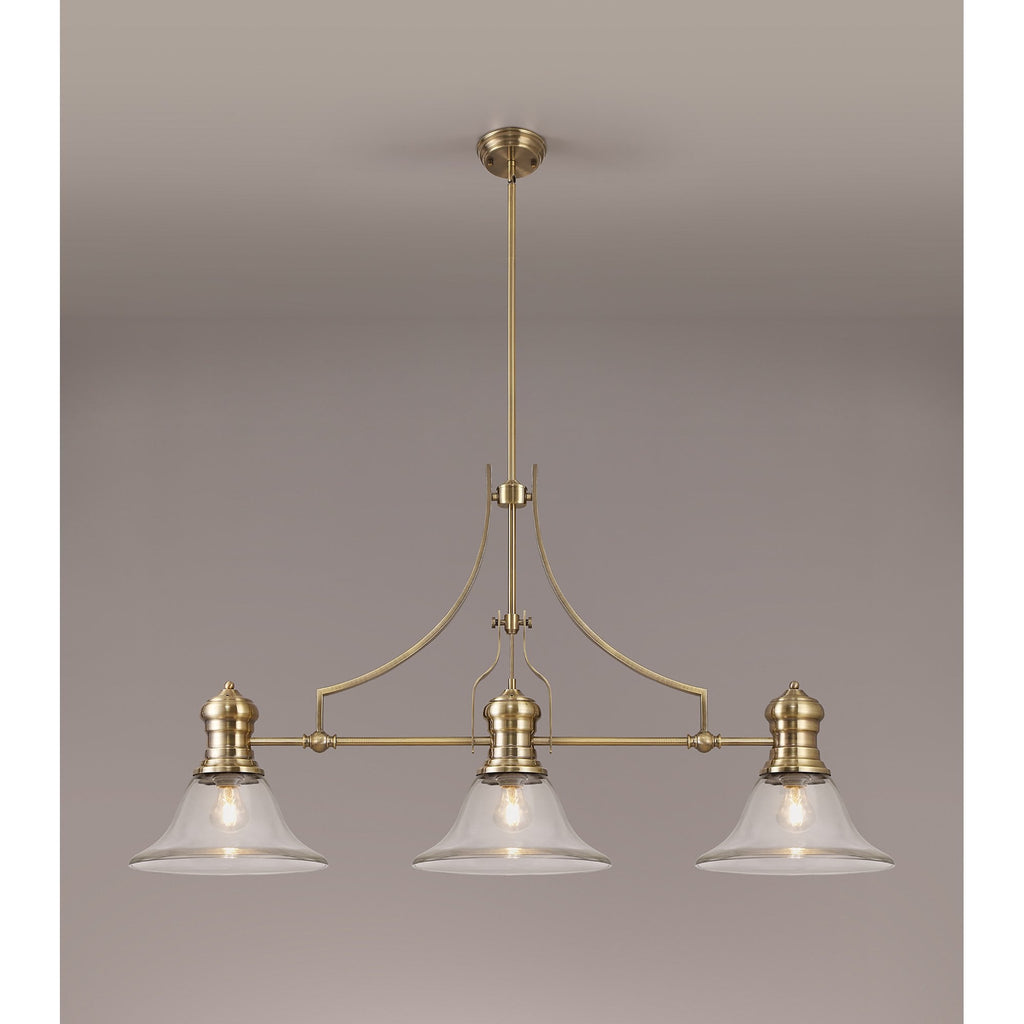 NLK03609 Louis 3 Light Telescopic Pendant With 30cm Smooth Bell Glass Shade Antique Brass/Clear