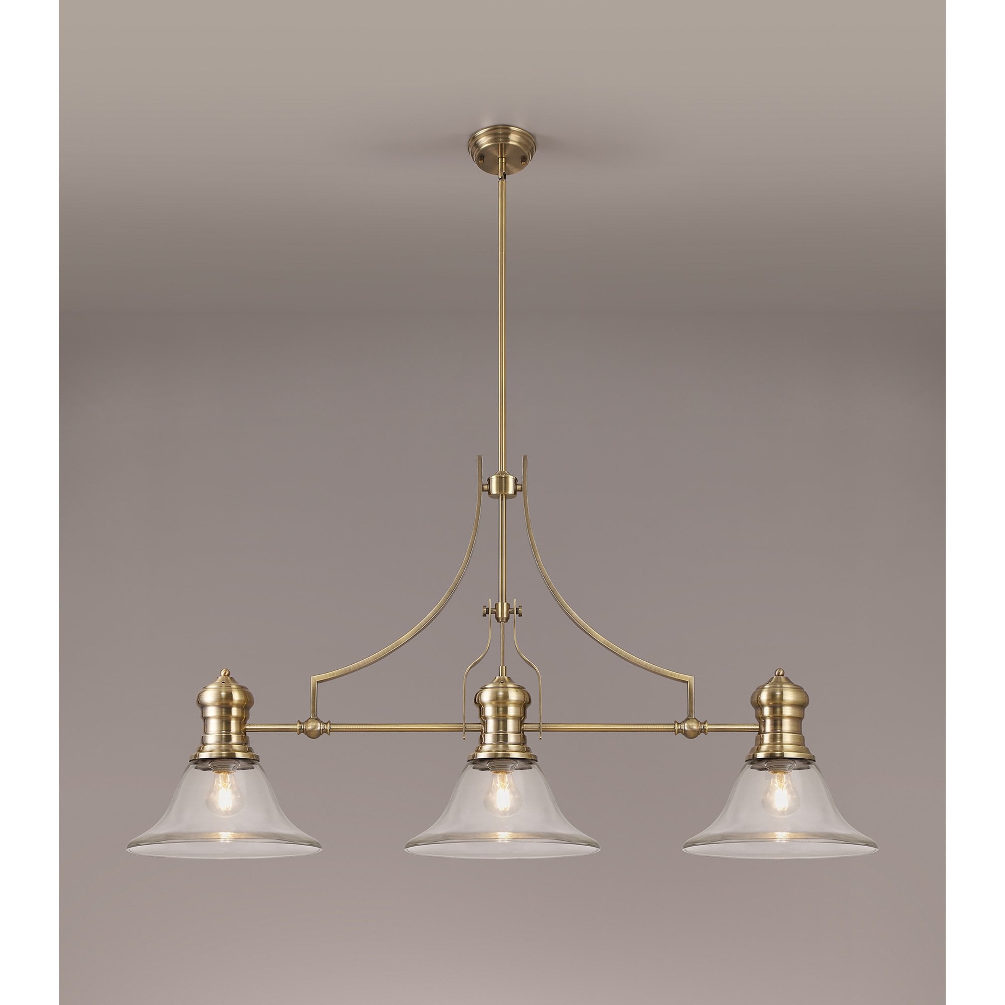 NLK03609 Louis 3 Light Telescopic Pendant With 30cm Smooth Bell Glass Shade Antique Brass/Clear