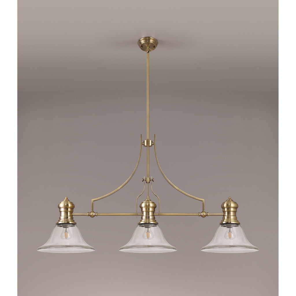 NLK03609 Louis 3 Light Telescopic Pendant With 30cm Smooth Bell Glass Shade Antique Brass/Clear