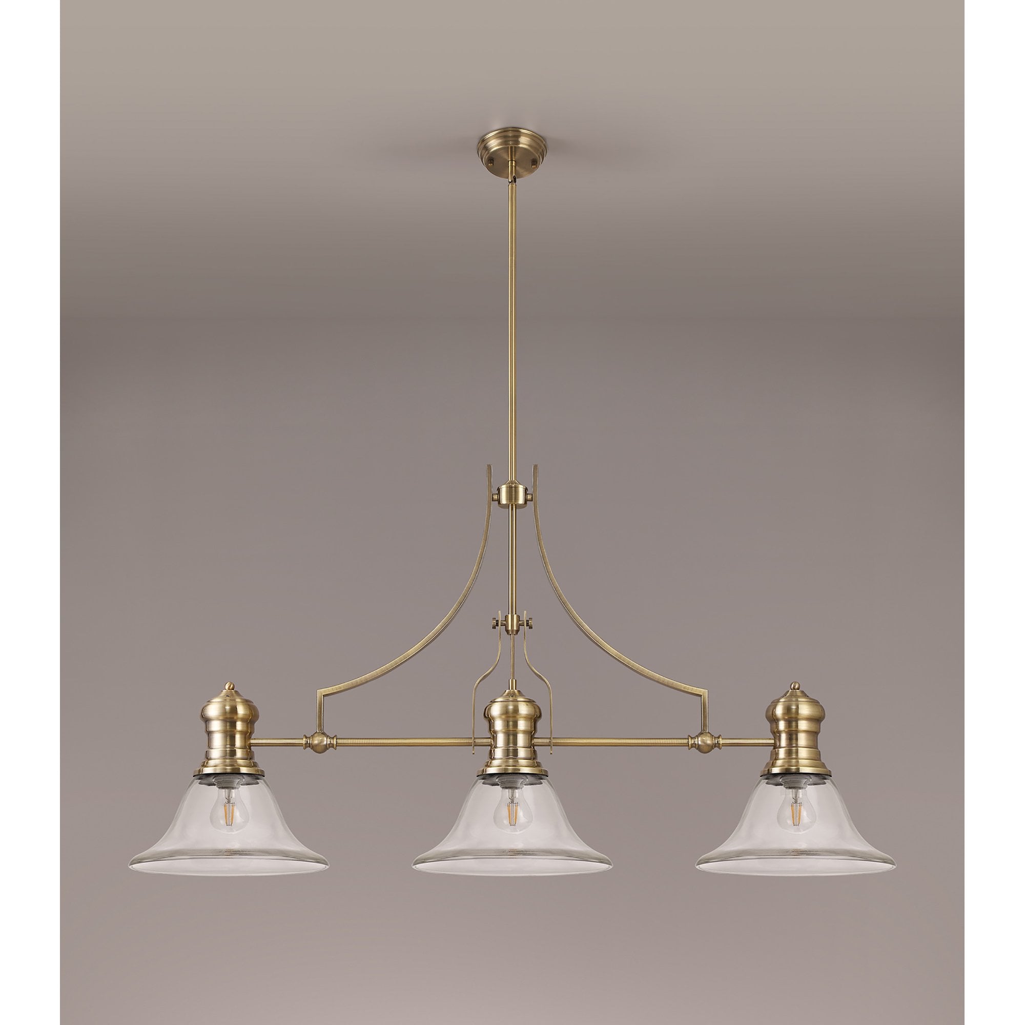 NLK03609 Louis 3 Light Telescopic Pendant With 30cm Smooth Bell Glass Shade Antique Brass/Clear