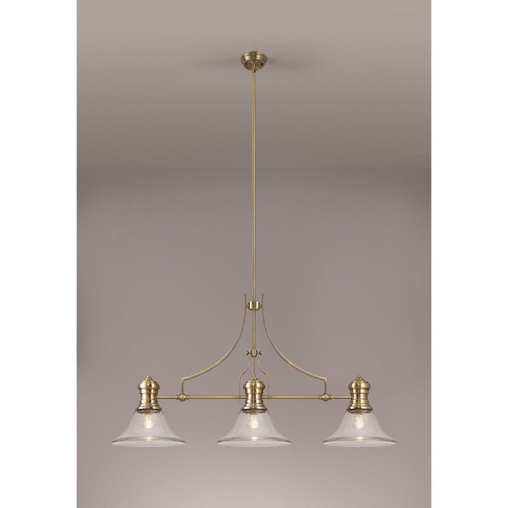 NLK03609 Louis 3 Light Telescopic Pendant With 30cm Smooth Bell Glass Shade Antique Brass/Clear