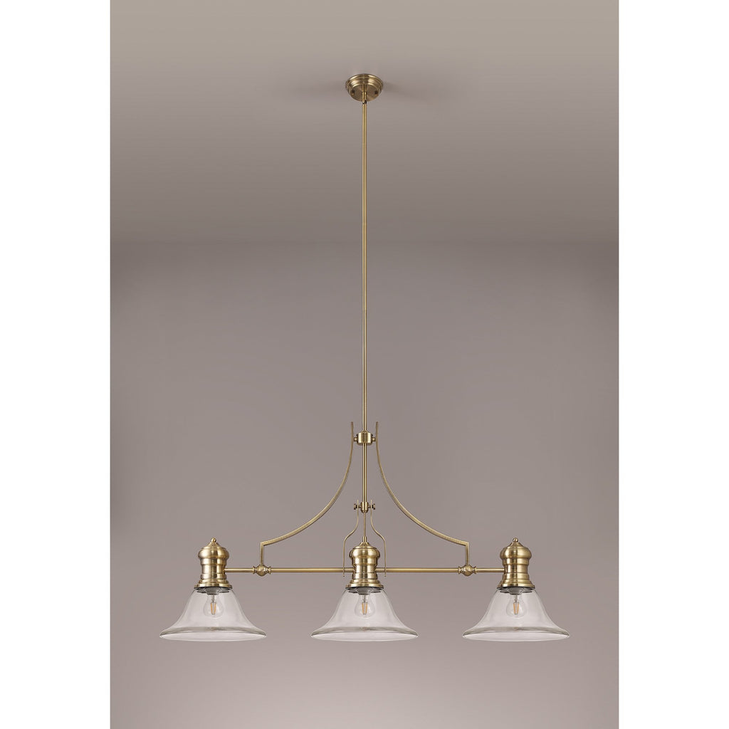 NLK03609 Louis 3 Light Telescopic Pendant With 30cm Smooth Bell Glass Shade Antique Brass/Clear