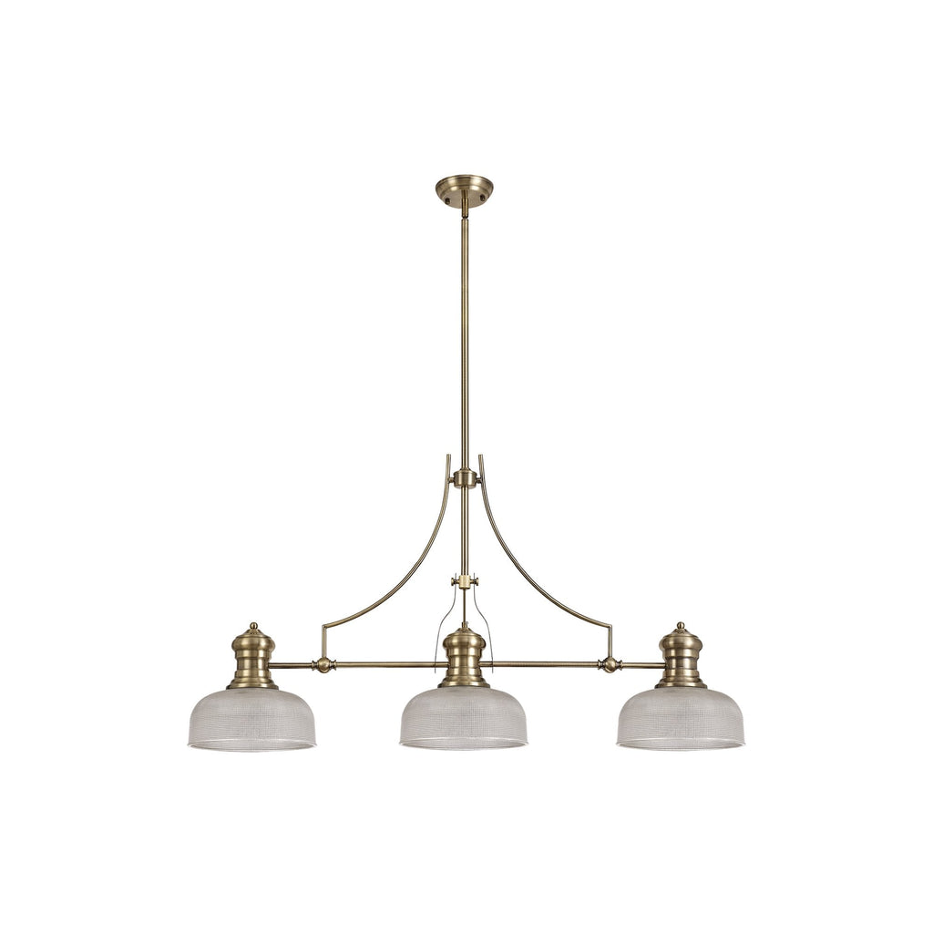 NLK03619 Louis 3 Light Telescopic Pendant With 26.5cm Prismatic Glass Shade Antique Brass/Clear