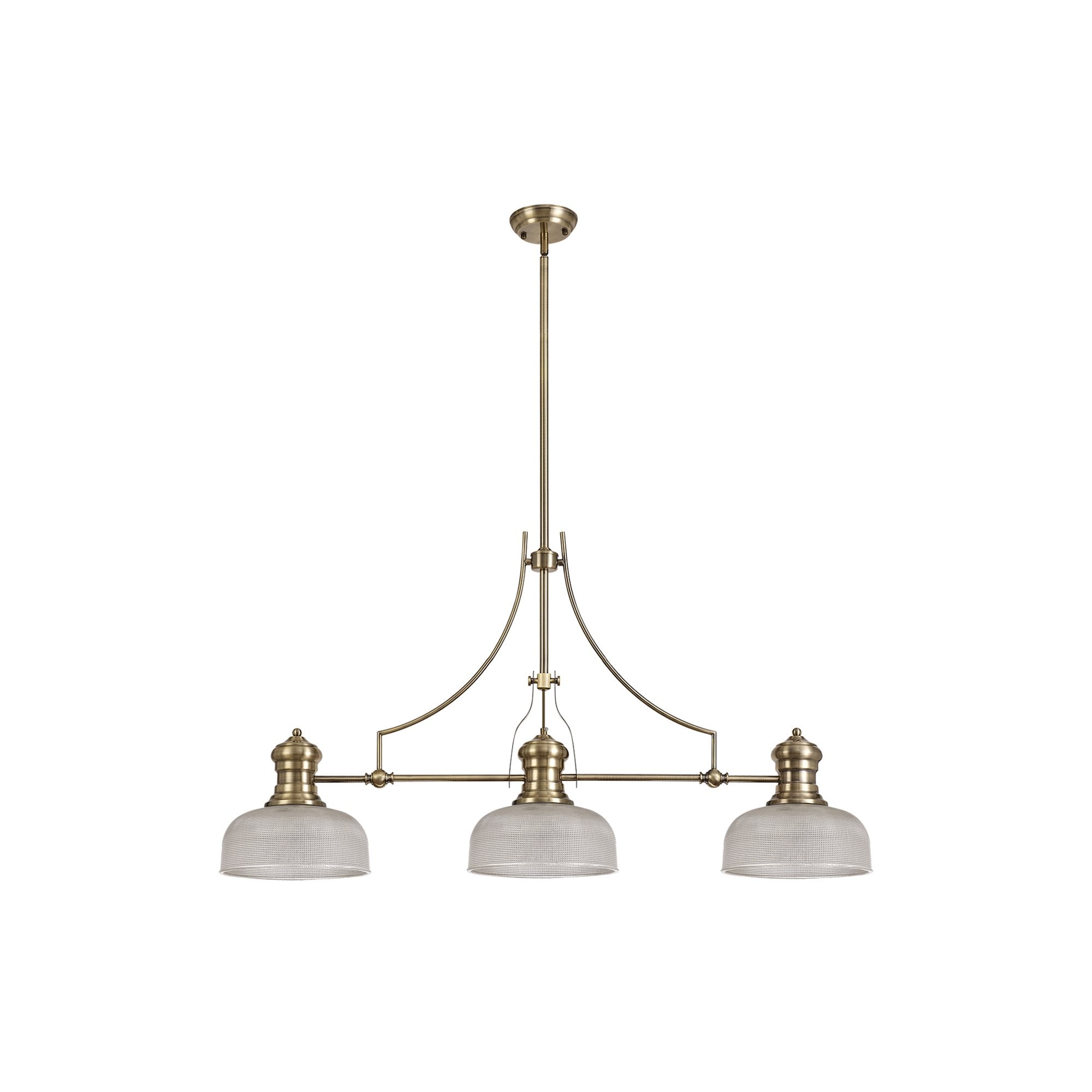 NLK03619 Louis 3 Light Telescopic Pendant With 26.5cm Prismatic Glass Shade Antique Brass/Clear