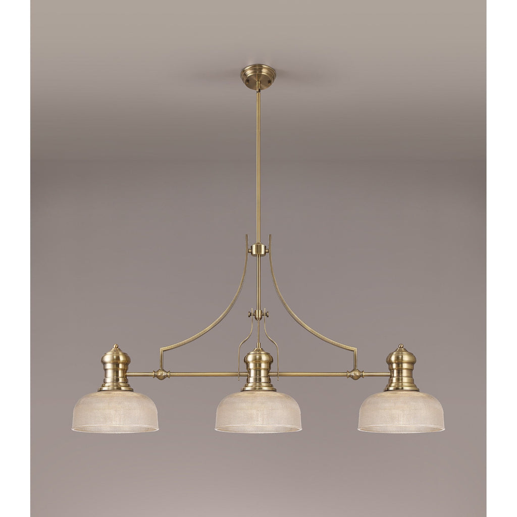 NLK03619 Louis 3 Light Telescopic Pendant With 26.5cm Prismatic Glass Shade Antique Brass/Clear
