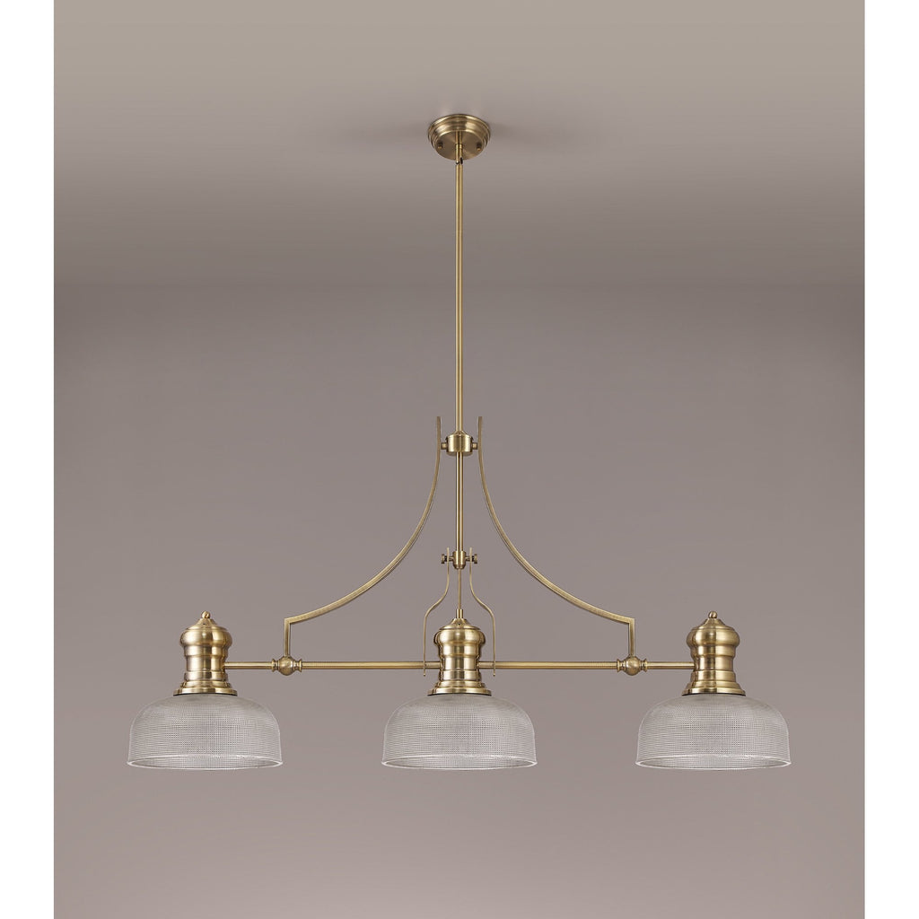 NLK03619 Louis 3 Light Telescopic Pendant With 26.5cm Prismatic Glass Shade Antique Brass/Clear
