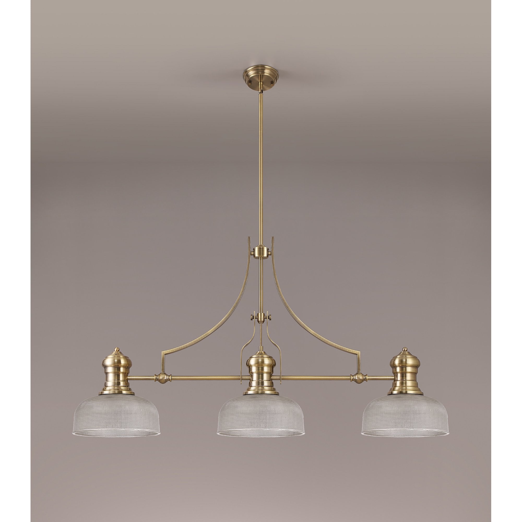 NLK03619 Louis 3 Light Telescopic Pendant With 26.5cm Prismatic Glass Shade Antique Brass/Clear