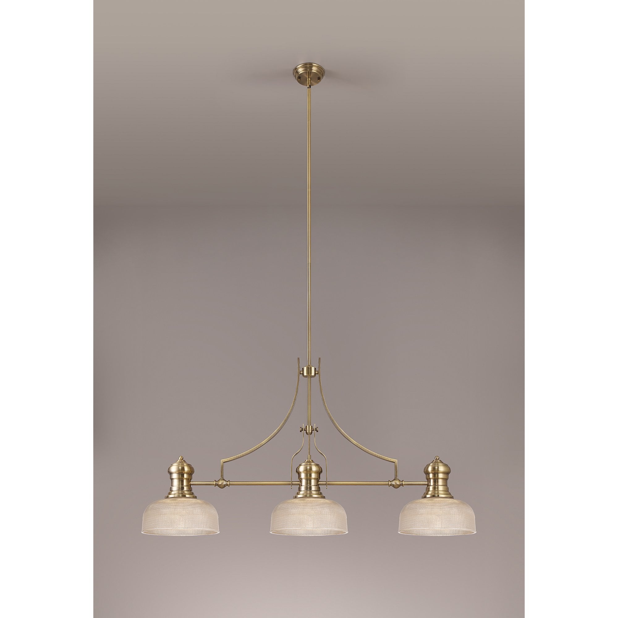NLK03619 Louis 3 Light Telescopic Pendant With 26.5cm Prismatic Glass Shade Antique Brass/Clear