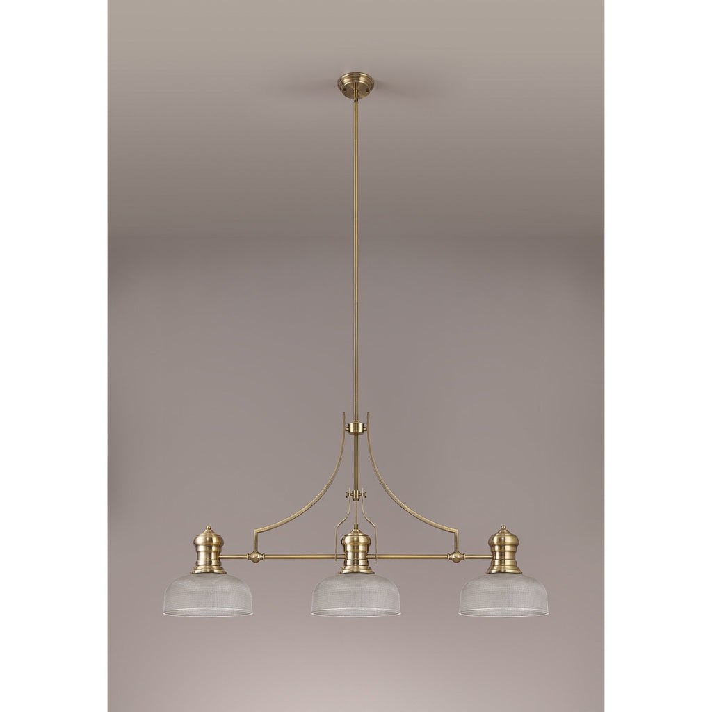NLK03619 Louis 3 Light Telescopic Pendant With 26.5cm Prismatic Glass Shade Antique Brass/Clear