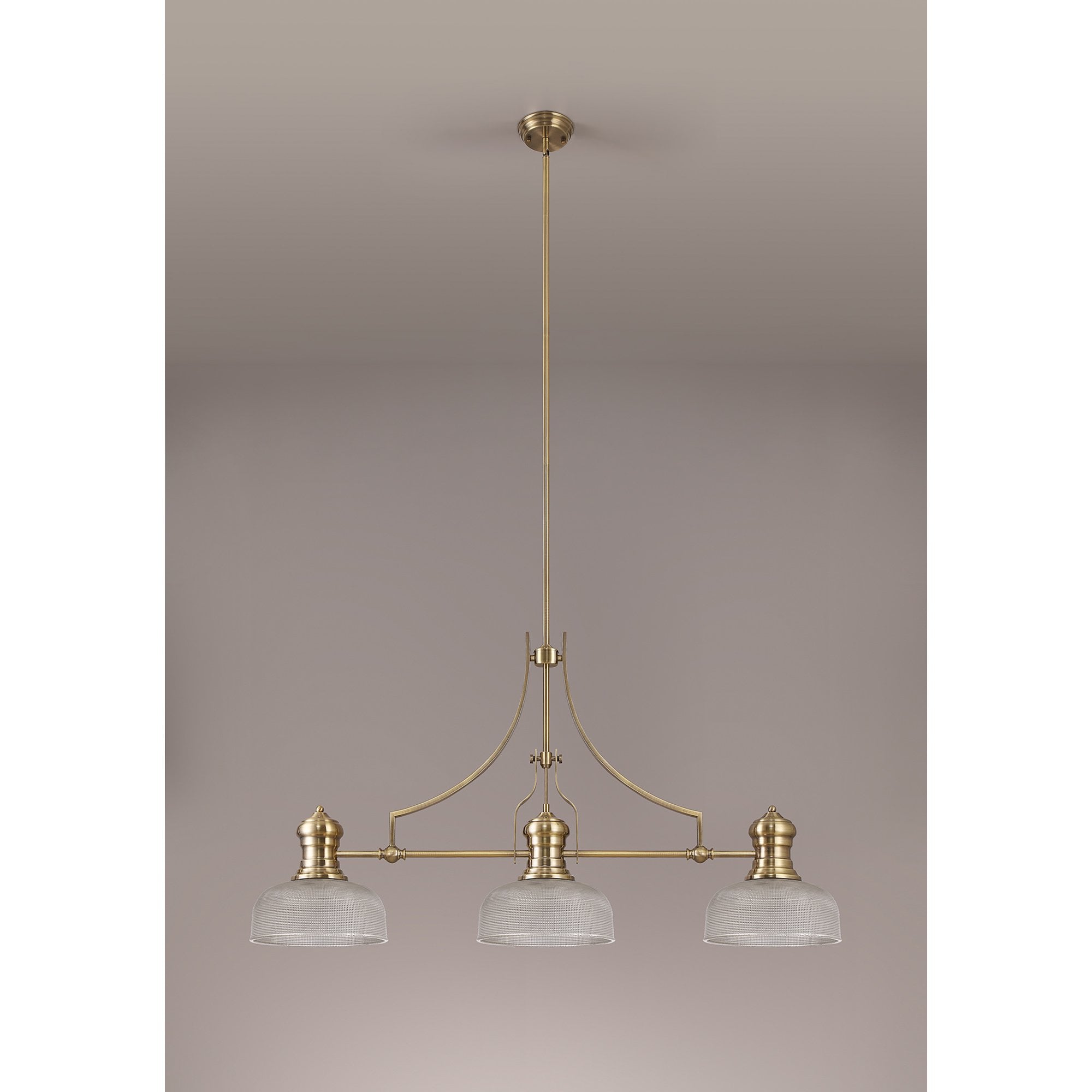 NLK03619 Louis 3 Light Telescopic Pendant With 26.5cm Prismatic Glass Shade Antique Brass/Clear
