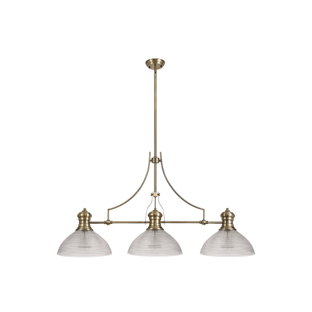 NLK03629 Louis 3 Light Telescopic Pendant With 33.5cm Prismatic Glass Shade Antique Brass/Clear