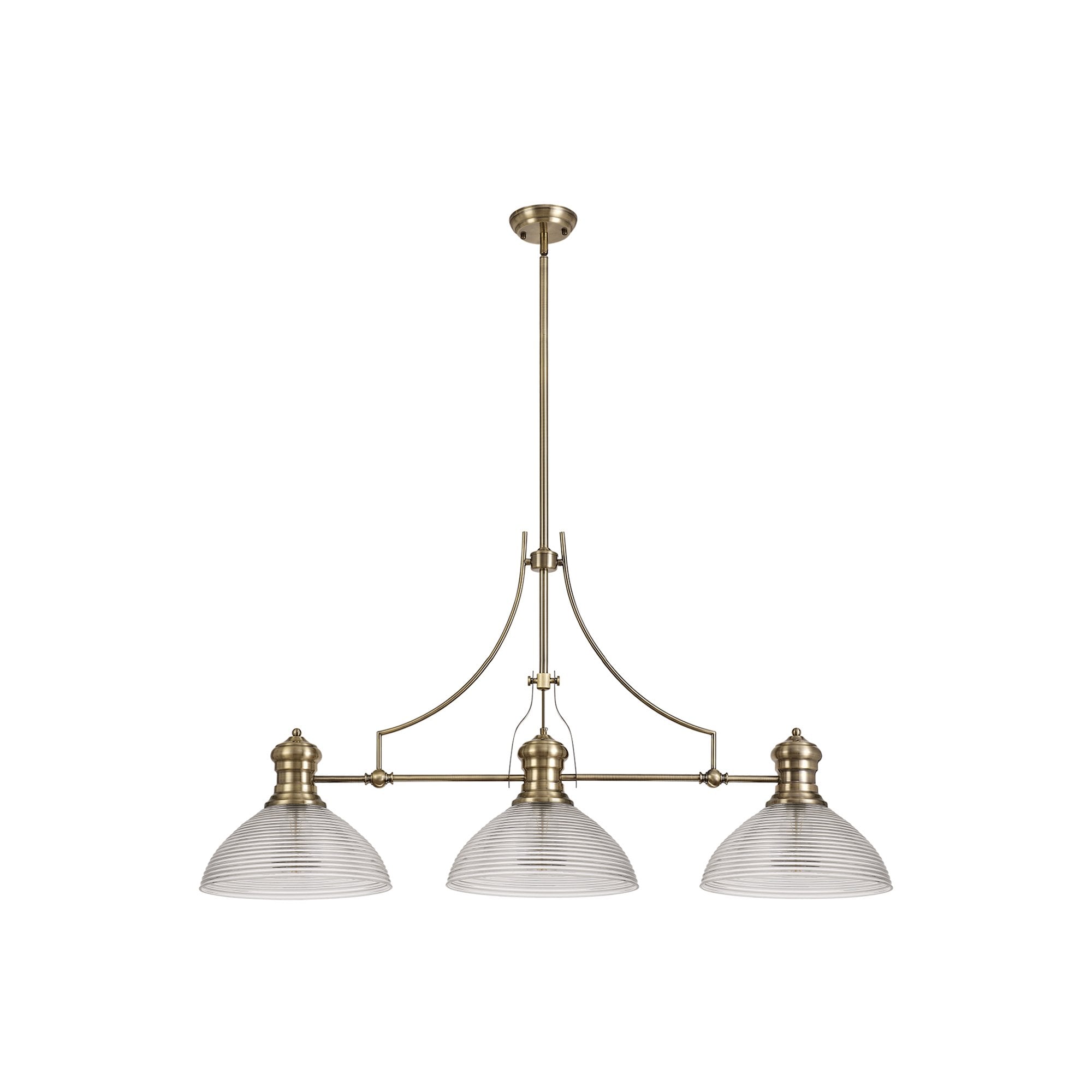 NLK03629 Louis 3 Light Telescopic Pendant With 33.5cm Prismatic Glass Shade Antique Brass/Clear