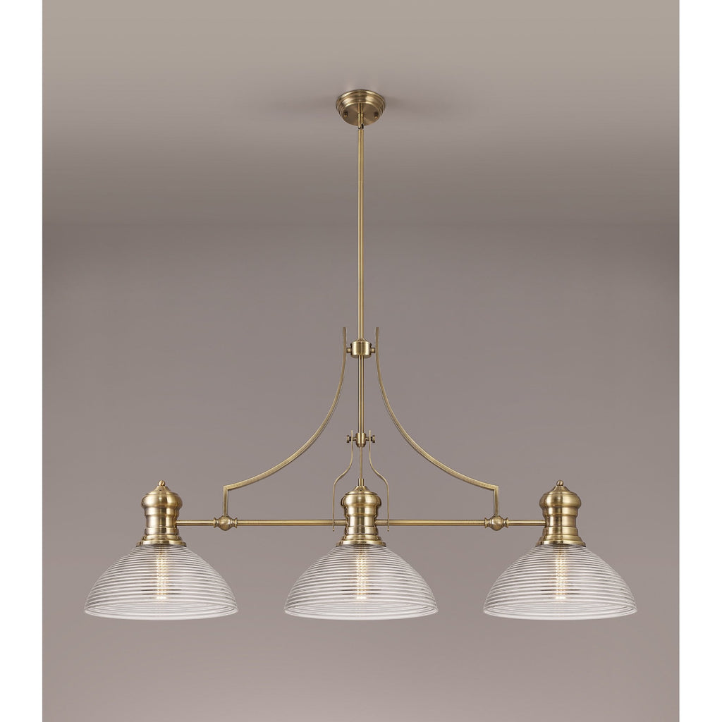 NLK03629 Louis 3 Light Telescopic Pendant With 33.5cm Prismatic Glass Shade Antique Brass/Clear