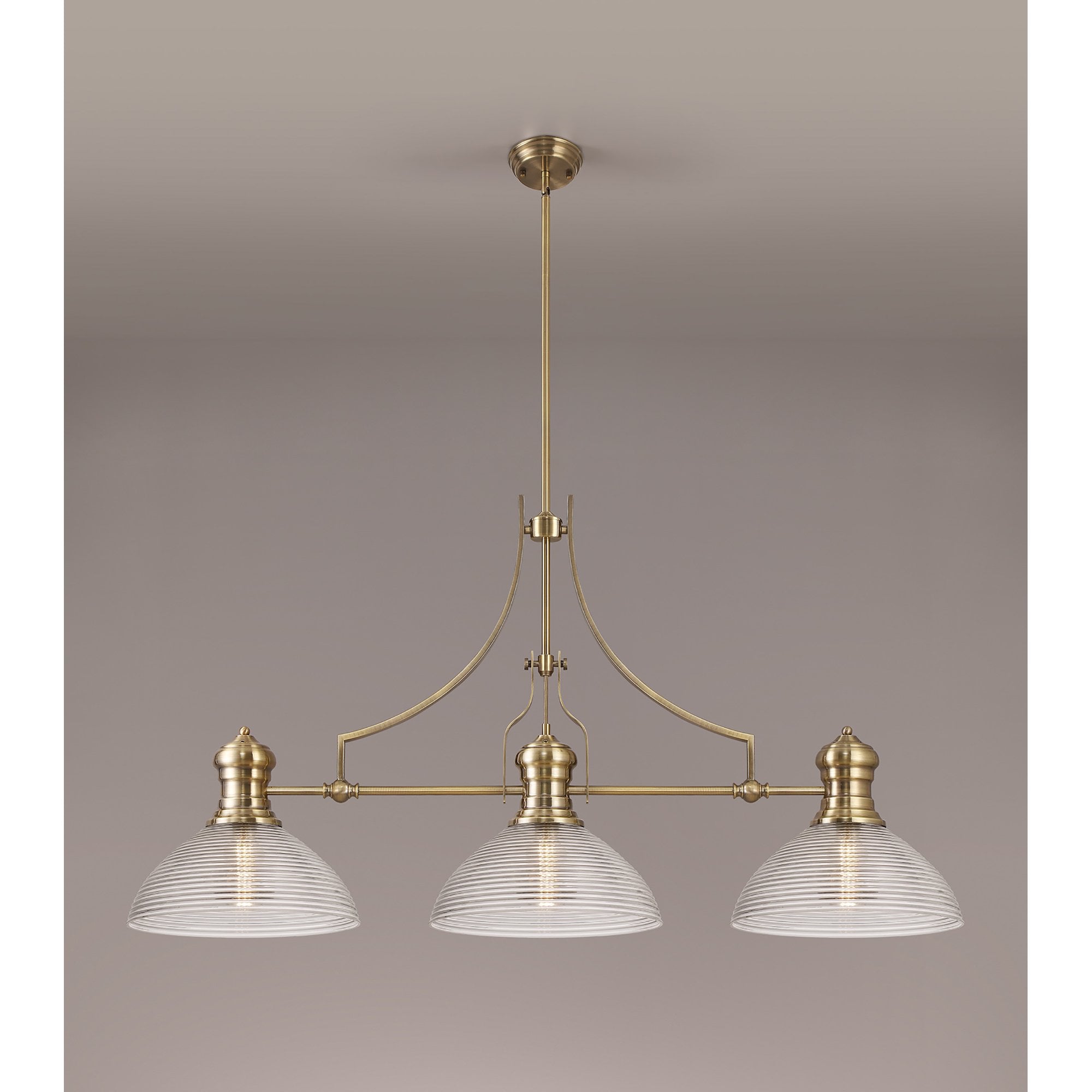 NLK03629 Louis 3 Light Telescopic Pendant With 33.5cm Prismatic Glass Shade Antique Brass/Clear