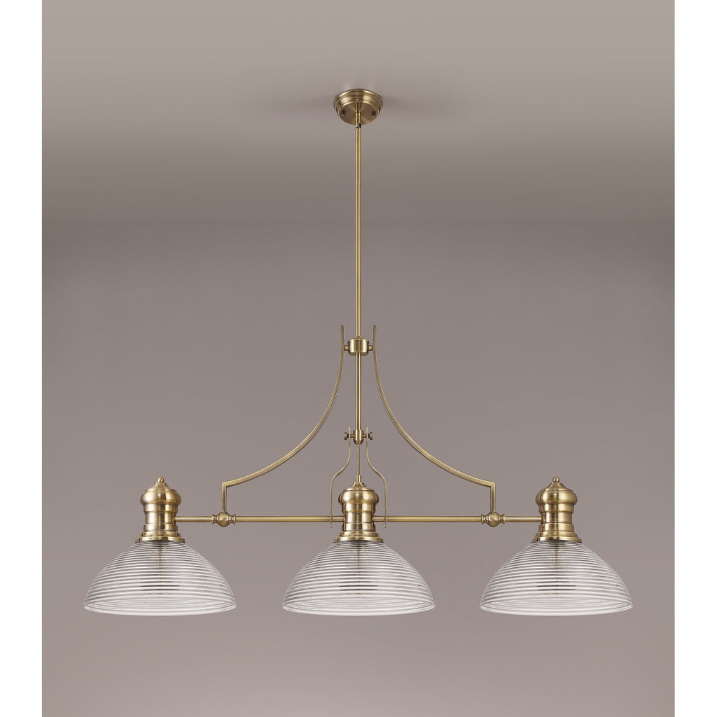 NLK03629 Louis 3 Light Telescopic Pendant With 33.5cm Prismatic Glass Shade Antique Brass/Clear