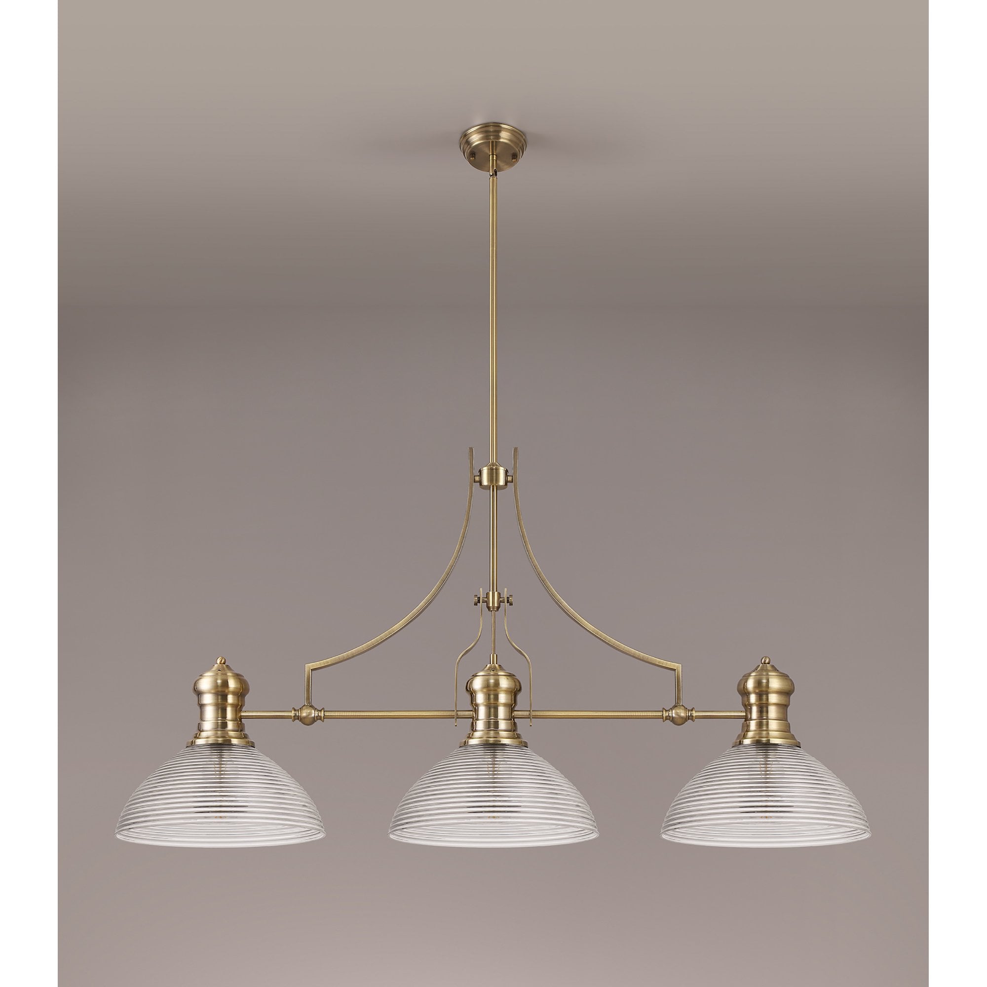 NLK03629 Louis 3 Light Telescopic Pendant With 33.5cm Prismatic Glass Shade Antique Brass/Clear