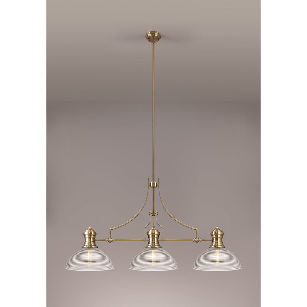 NLK03629 Louis 3 Light Telescopic Pendant With 33.5cm Prismatic Glass Shade Antique Brass/Clear
