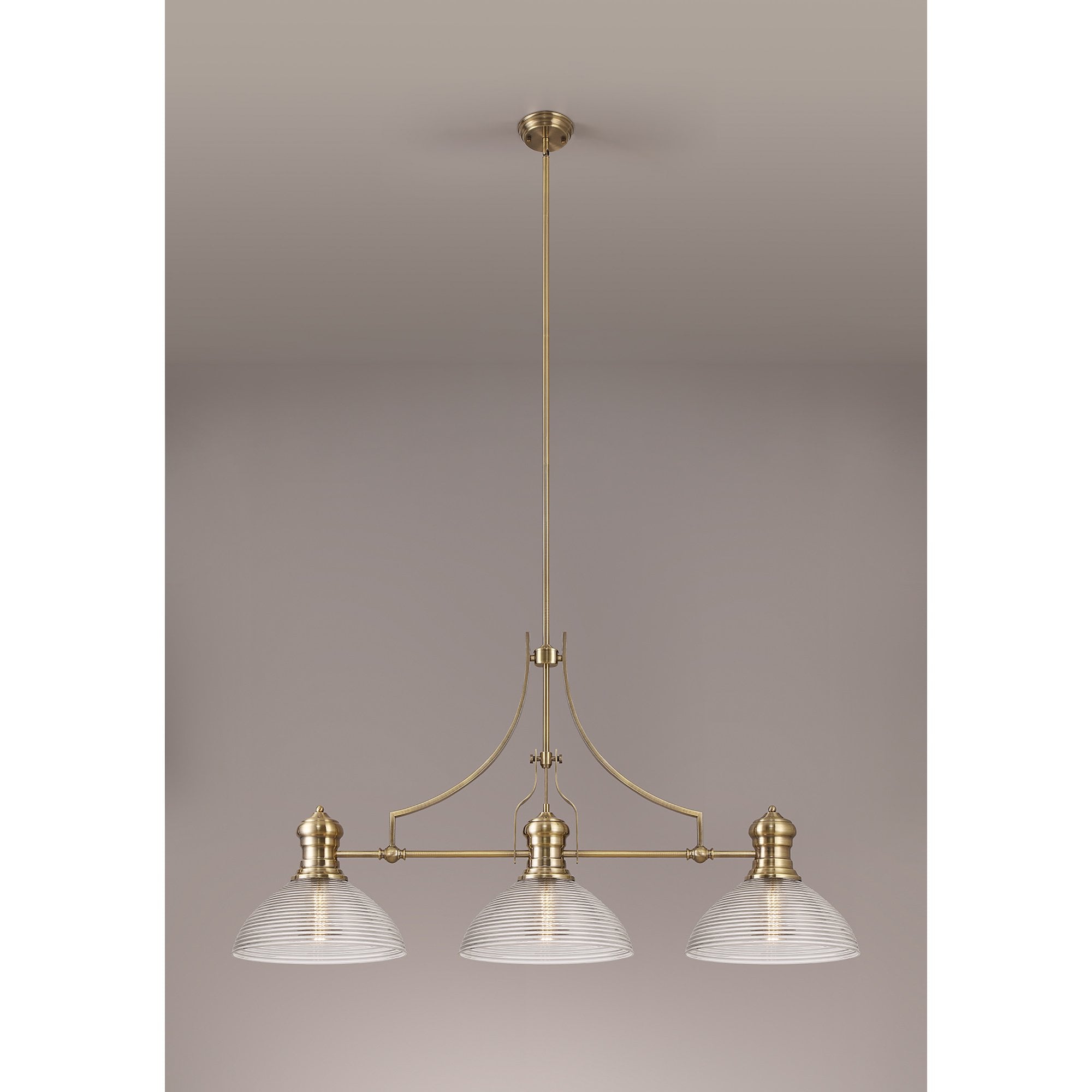 NLK03629 Louis 3 Light Telescopic Pendant With 33.5cm Prismatic Glass Shade Antique Brass/Clear