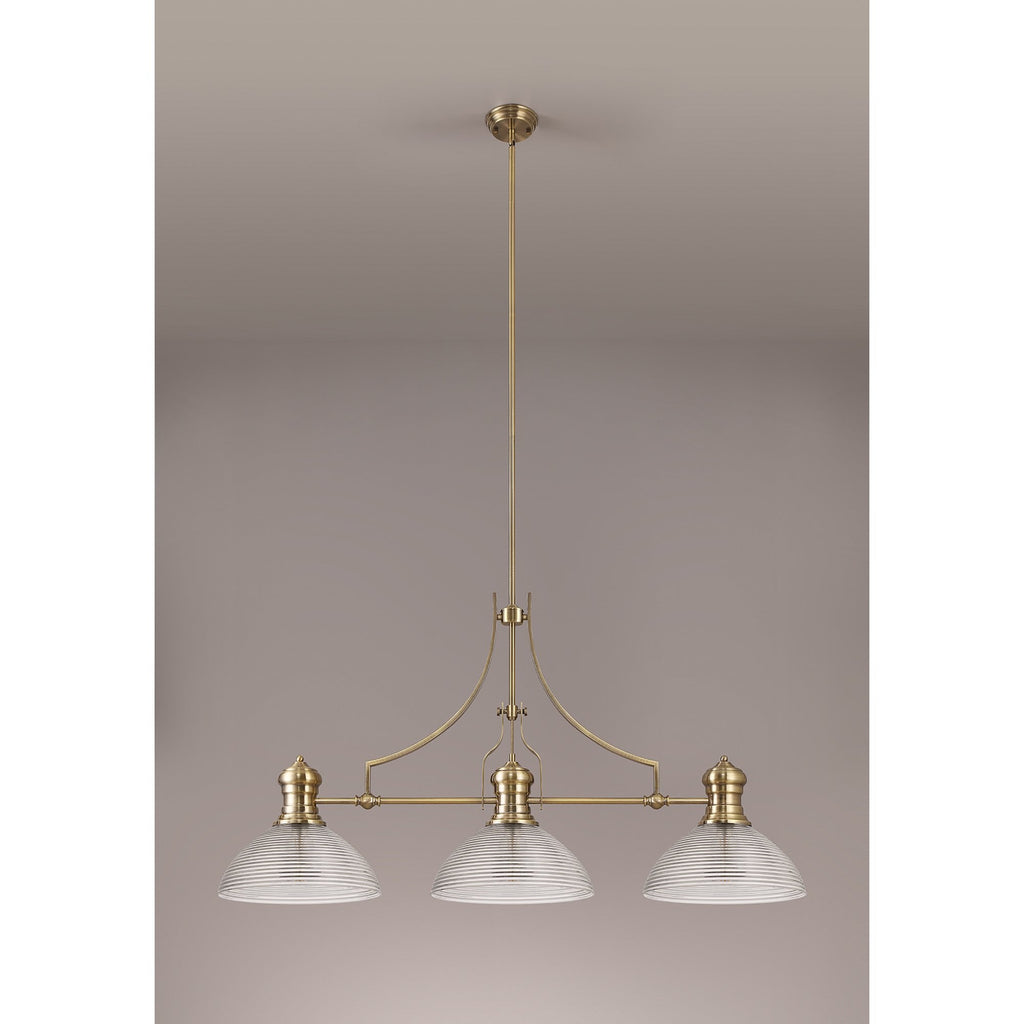 NLK03629 Louis 3 Light Telescopic Pendant With 33.5cm Prismatic Glass Shade Antique Brass/Clear