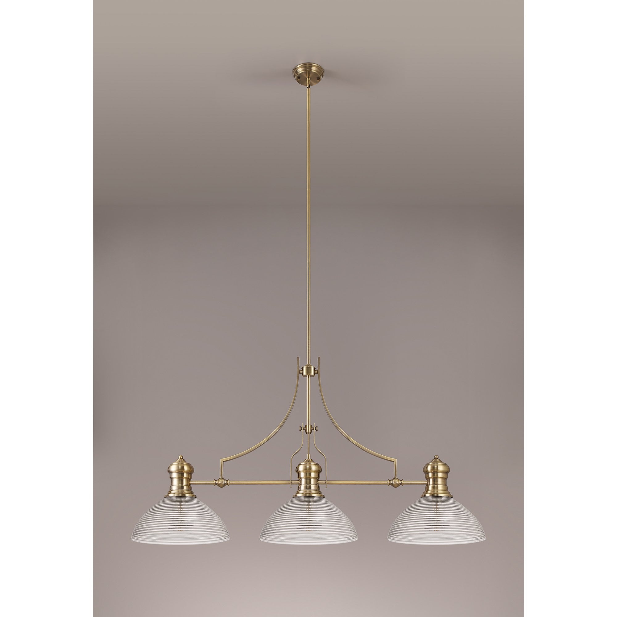 NLK03629 Louis 3 Light Telescopic Pendant With 33.5cm Prismatic Glass Shade Antique Brass/Clear