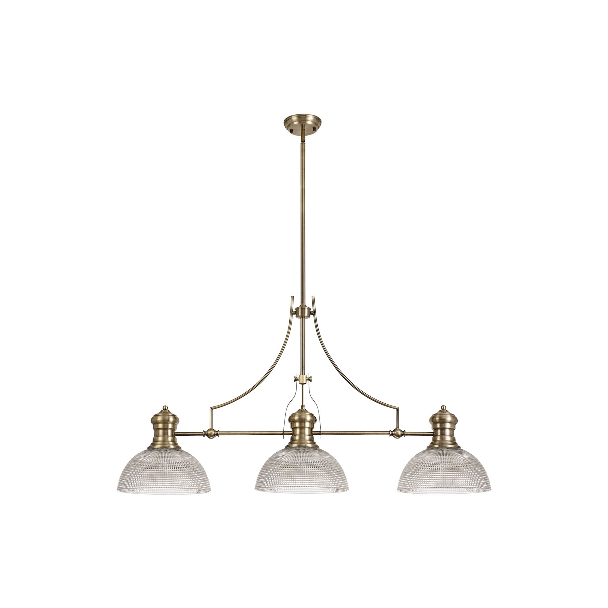 NLK03639 Louis 3 Light Telescopic Pendant With 30cm Prismatic Glass Shade Antique Brass/Clear